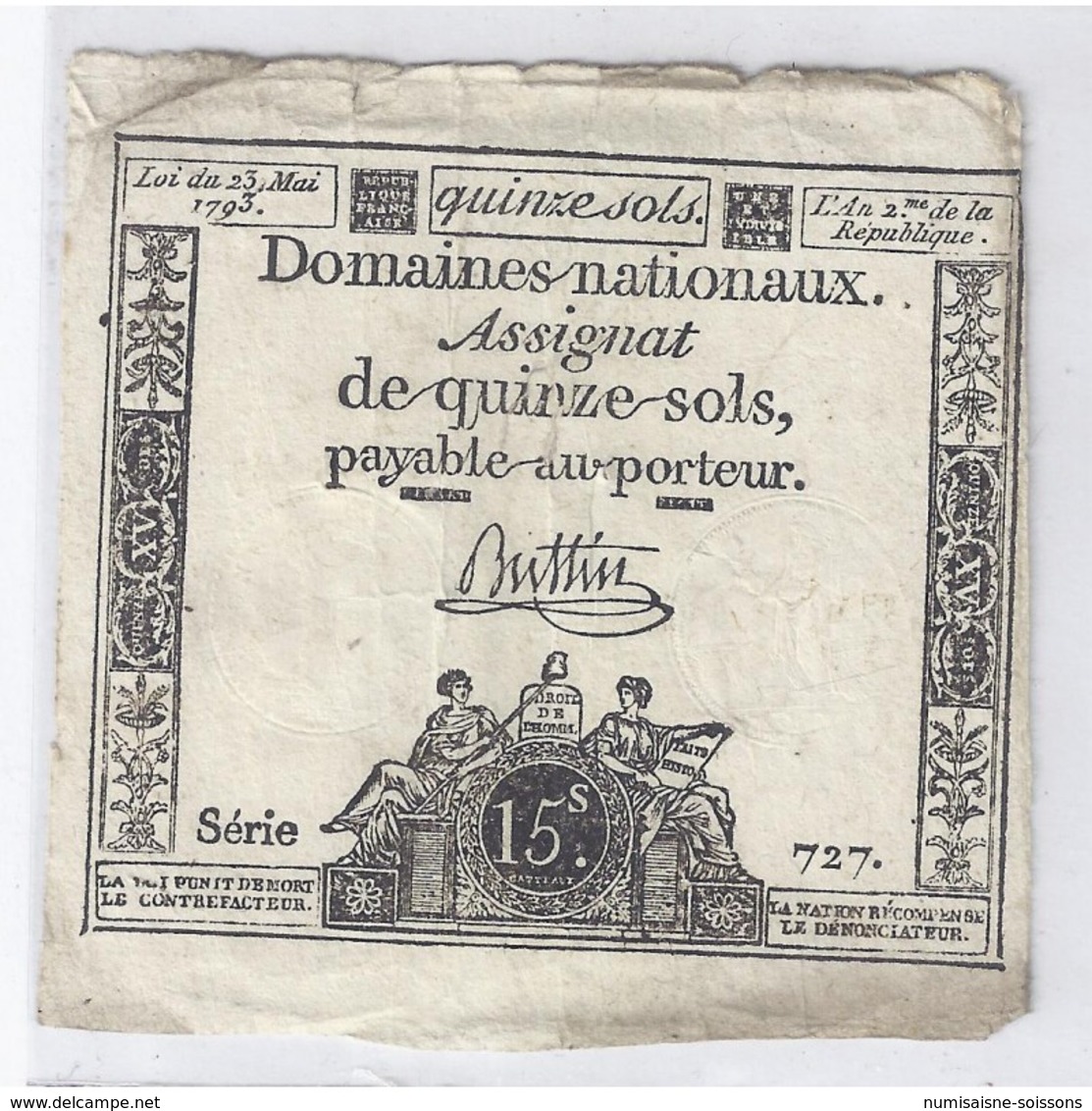 ASSIGNAT DE 15 SOLS - SERIE 727 - 23/05/1793 - TTB - Assignats & Mandats Territoriaux