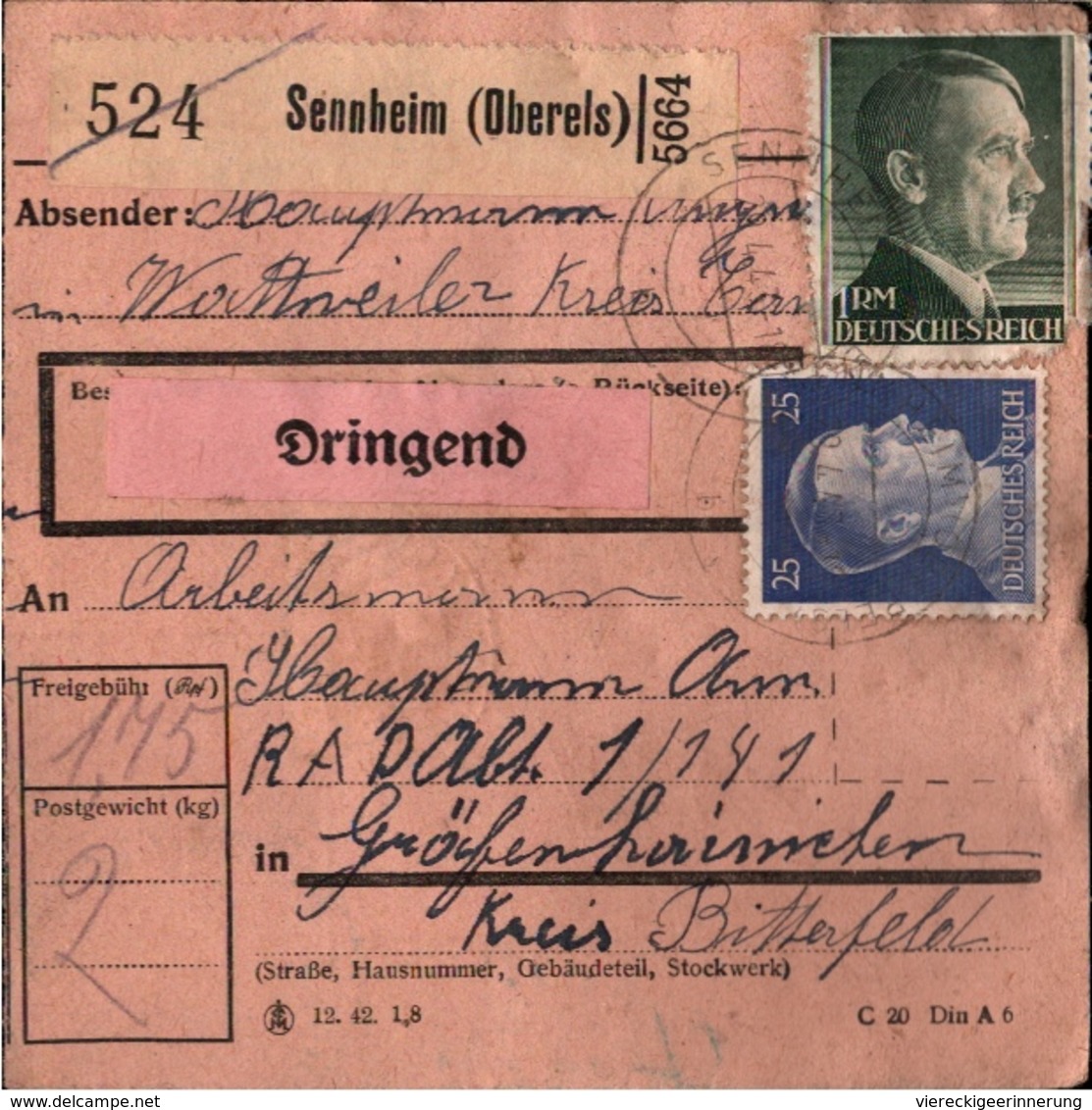 ! 1943 Paketkarte Deutsches Reich, Sennheim, Oberelsass, Alsace, Nach Gräfenhainichen, R.A.D. Lager, Reichsarbeitsdienst - Lettres & Documents