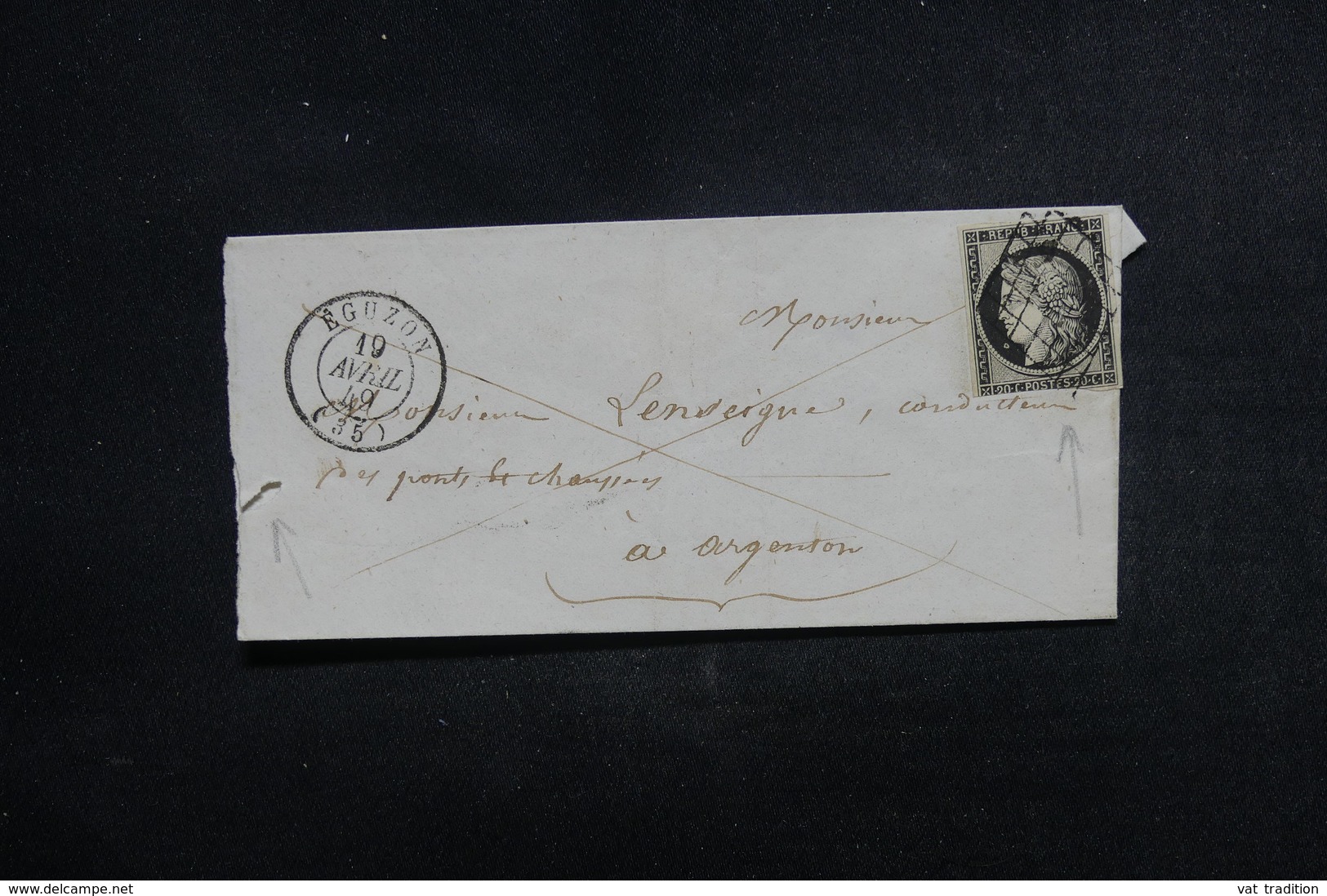 FRANCE - Lettre ( Sans Texte) De Eguzon Pour Argenton En 1849 , Affranchissement Cérès 20ct Noir - L 50695 - 1849-1876: Période Classique