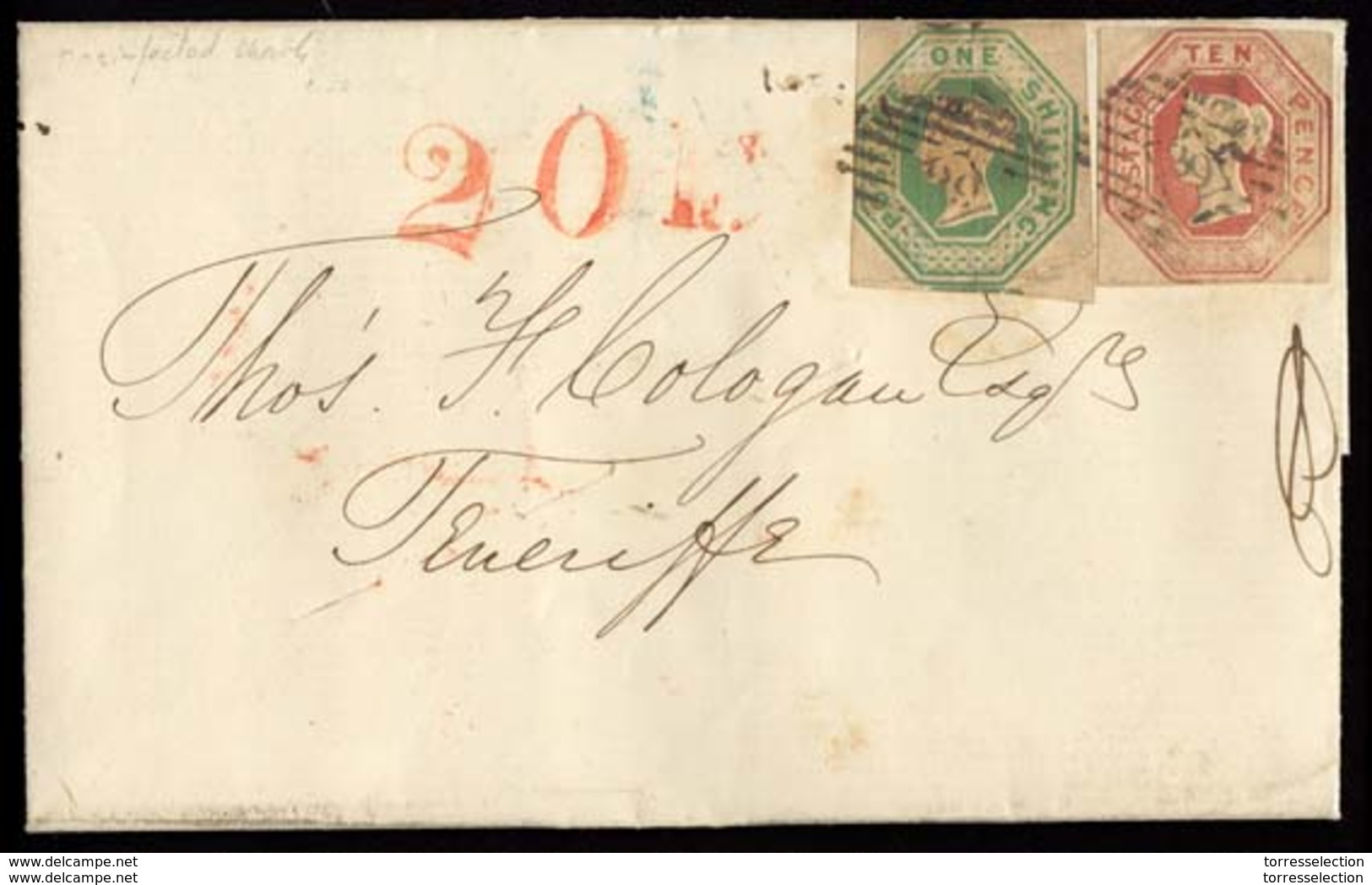 GREAT BRITAIN. CANARY ISLANDS - GB. 1854 (22 April) London - TENERIFE / Islas CANARIAS. EL With Text Frkd 10d + 1sh Embo - Other & Unclassified