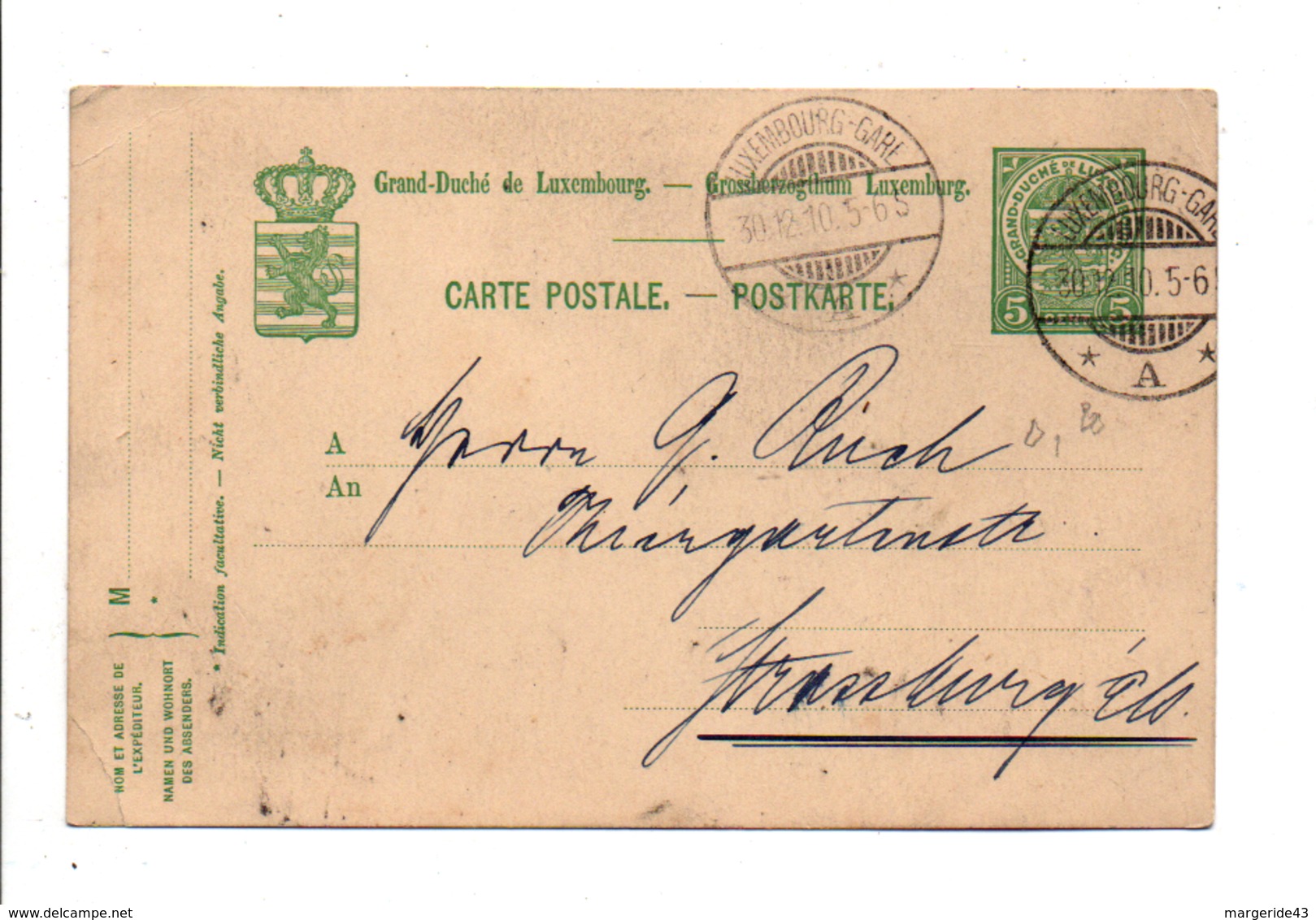 LUXEMBOURG ENTIER CARTE POUR LA FRANCE 1910 - 1907-24 Ecusson