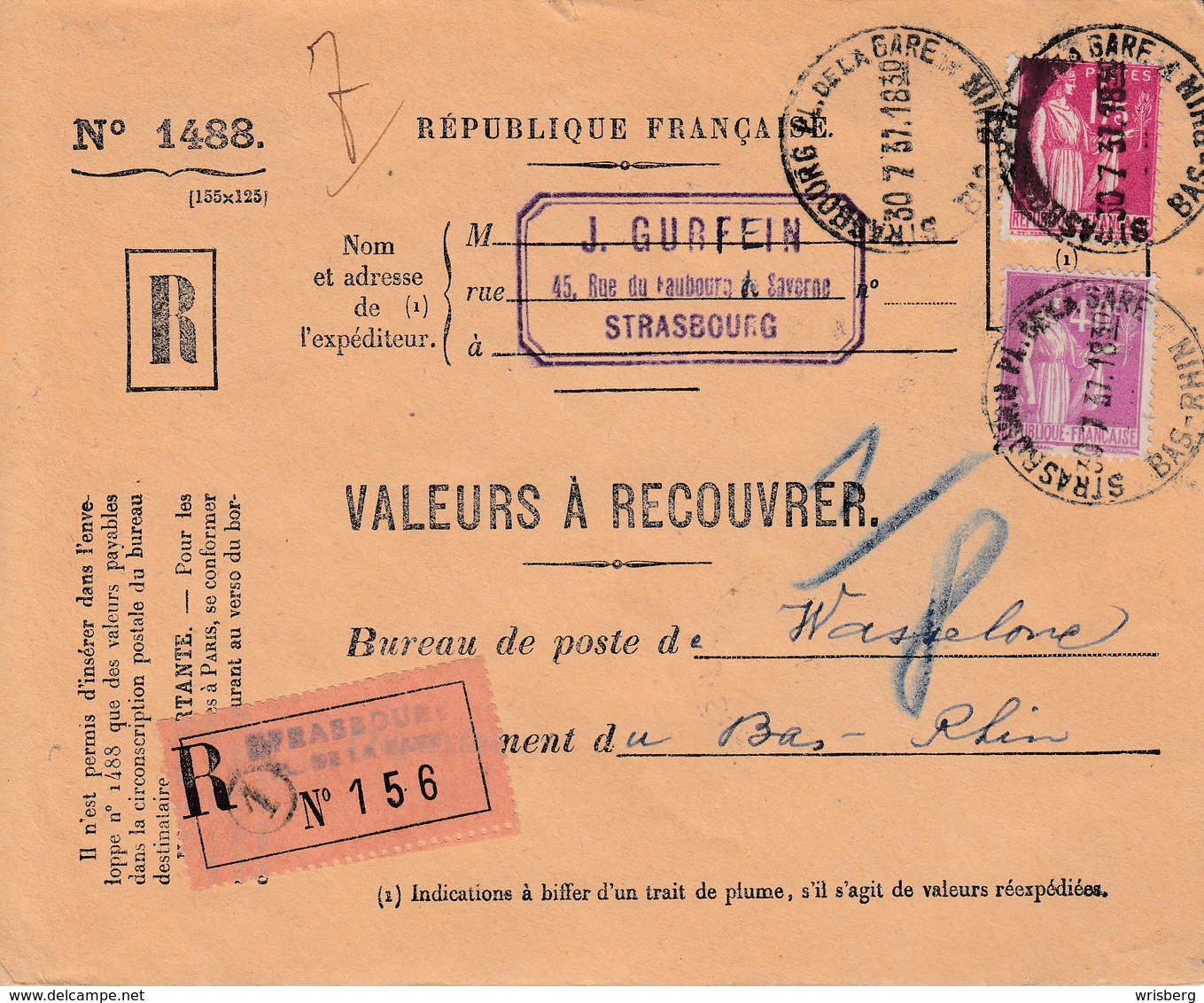 Env Reco Affr Y&T 281 + 289 STRASBOURG PL. DE LA GARE Du 30.7.37 VALEURS A RECOUVRER à Wasselonne - Lettres & Documents