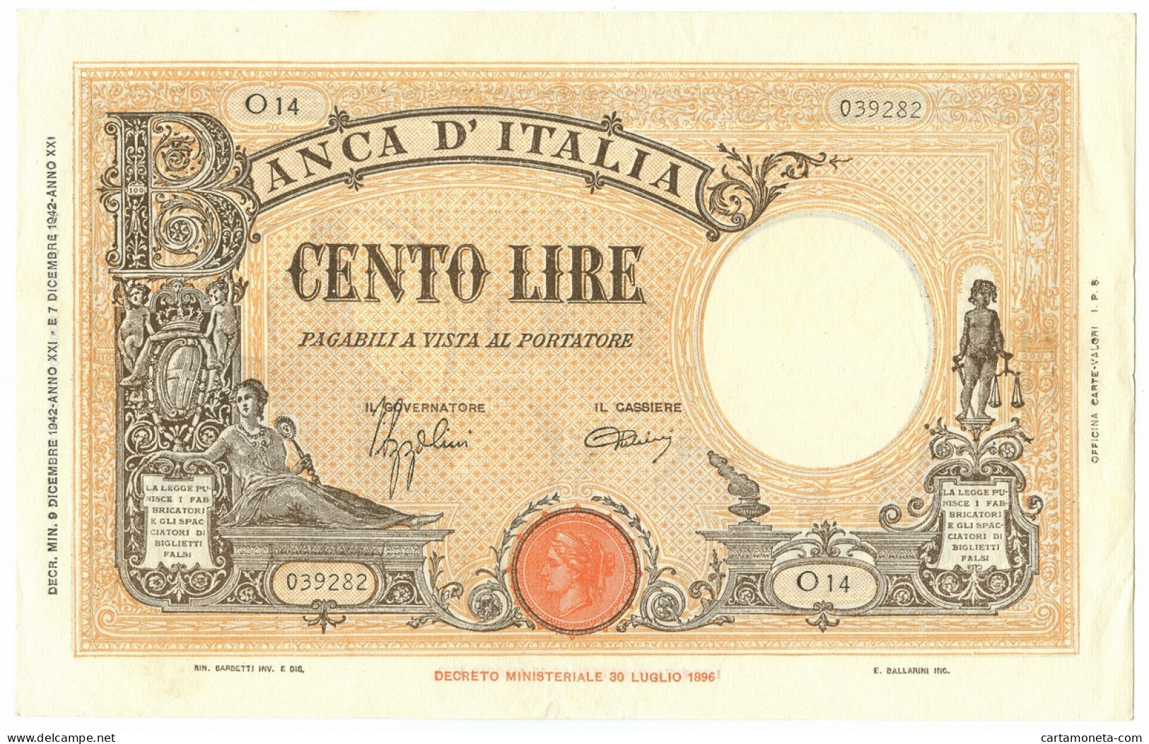 100 LIRE BARBETTI GRANDE B GIALLO TESTINA FASCIO 09/12/1942 SPL+ - Regno D'Italia – Autres