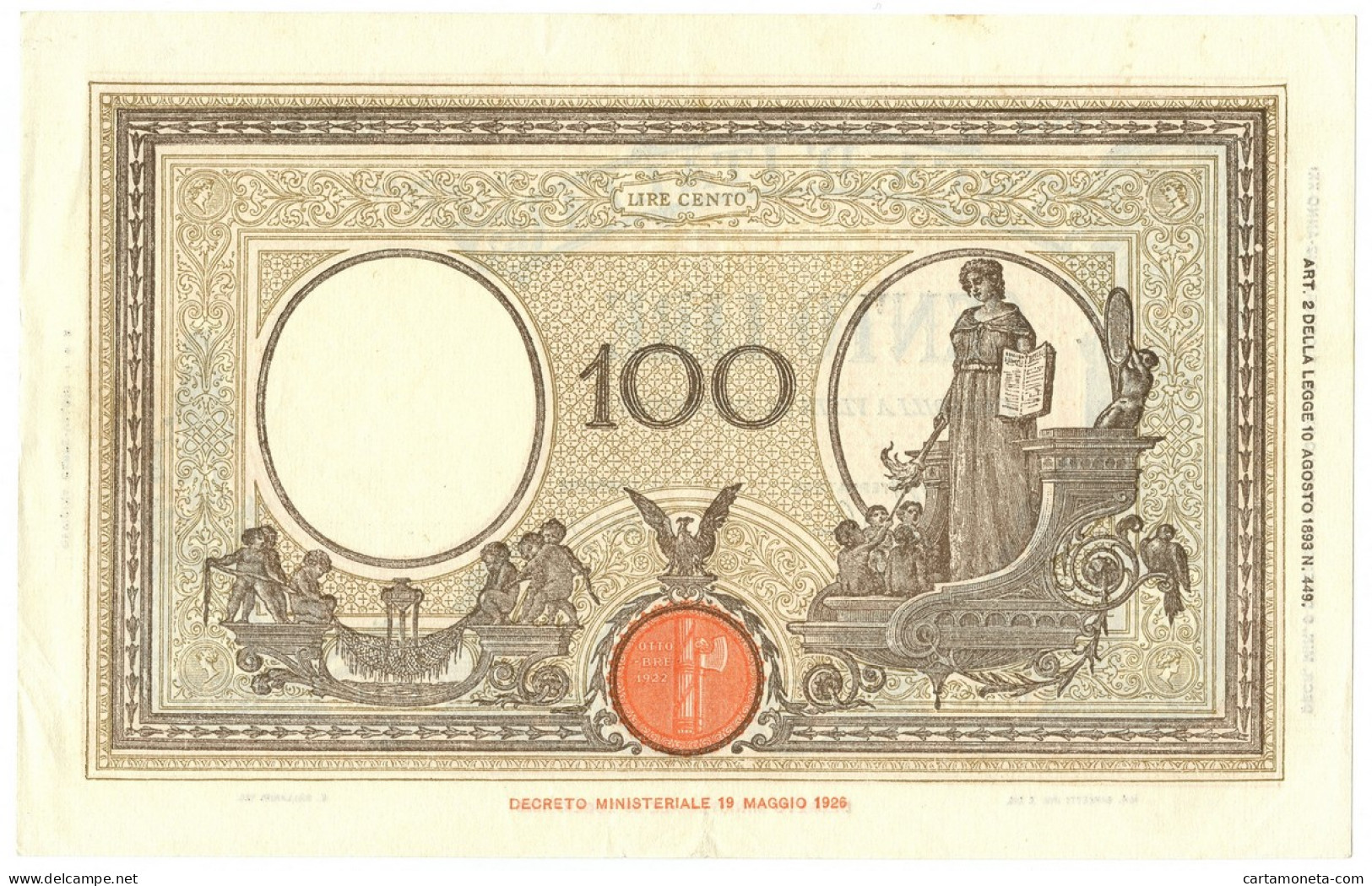 100 LIRE BARBETTI GRANDE B GIALLO TESTINA FASCIO 09/12/1942 SPL+ - Regno D'Italia – Autres