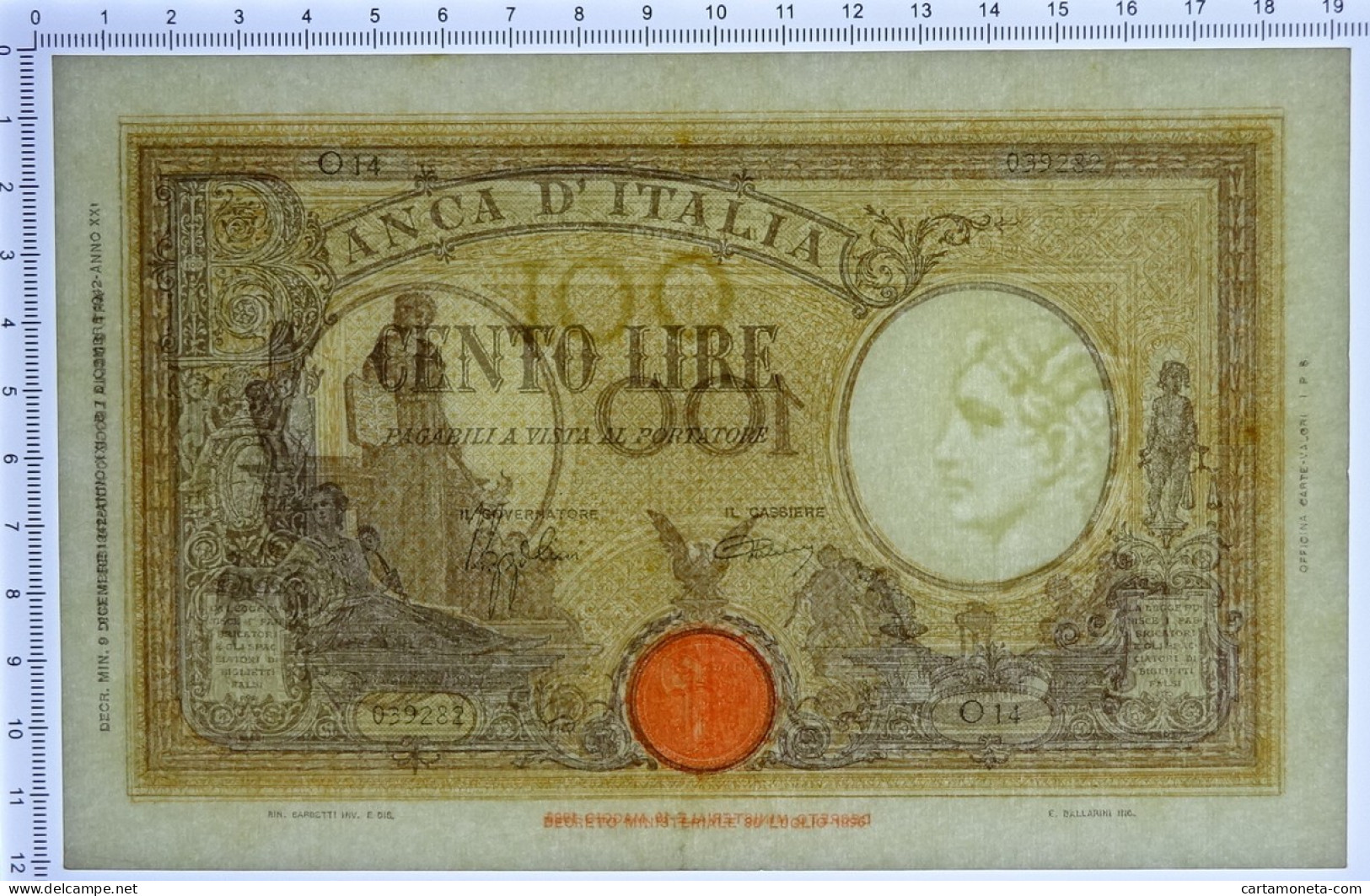 100 LIRE BARBETTI GRANDE B GIALLO TESTINA FASCIO 09/12/1942 SPL+ - Regno D'Italia – Autres