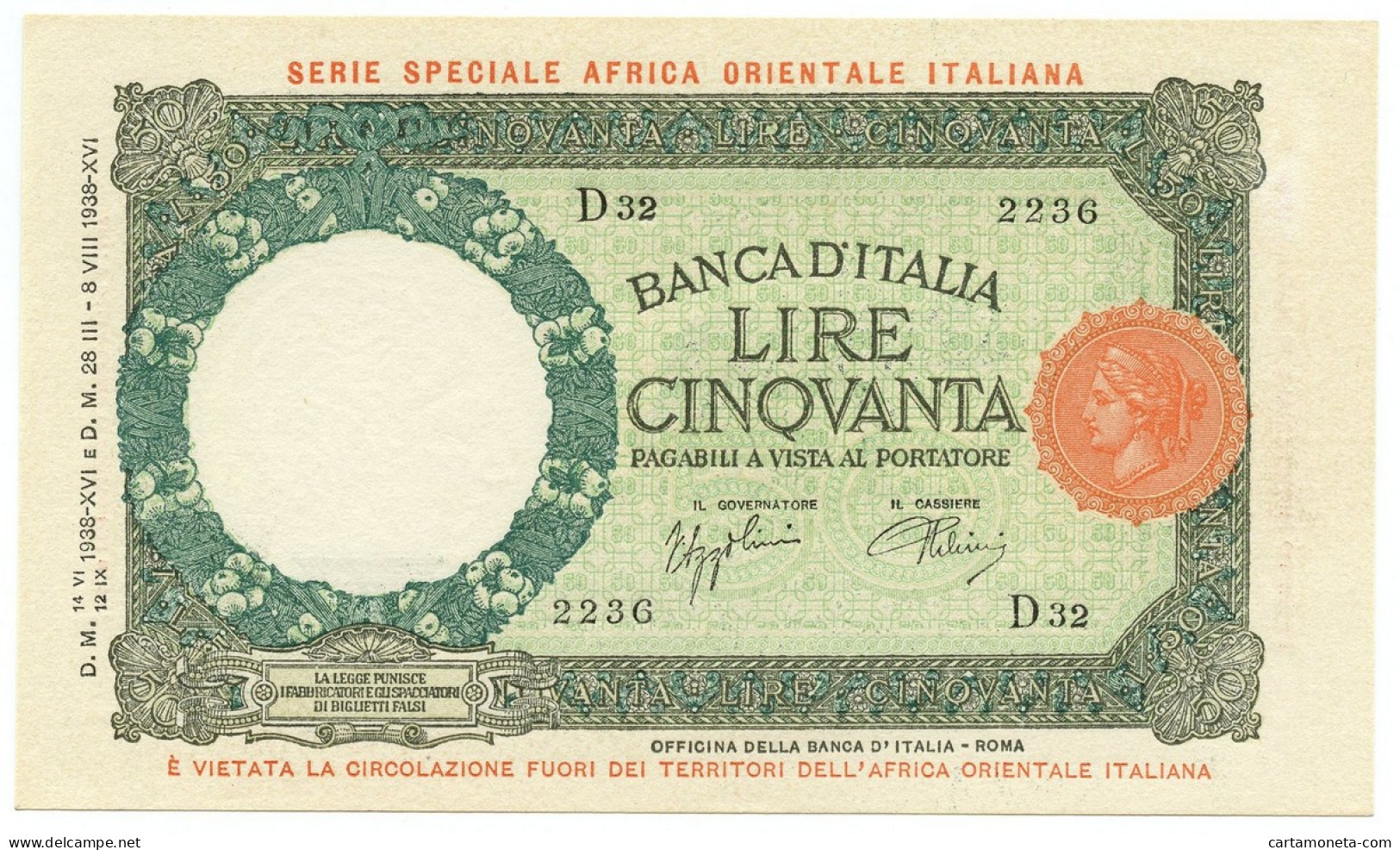 50 LIRE CAPRANESI LUPA CAP. AFRICA ORIENTALE ITALIANA AOI 12/09/1938 QFDS - Africa Oriental Italiana