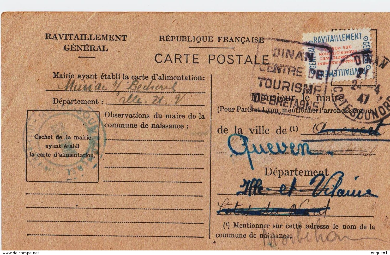 Carte De Ravitaillement, Mairie De DINAN (Côtes Du Nord) - Cachet à Date Du 24 Avril 1947 + Flamme D'oblitération - Guerre De 1939-45