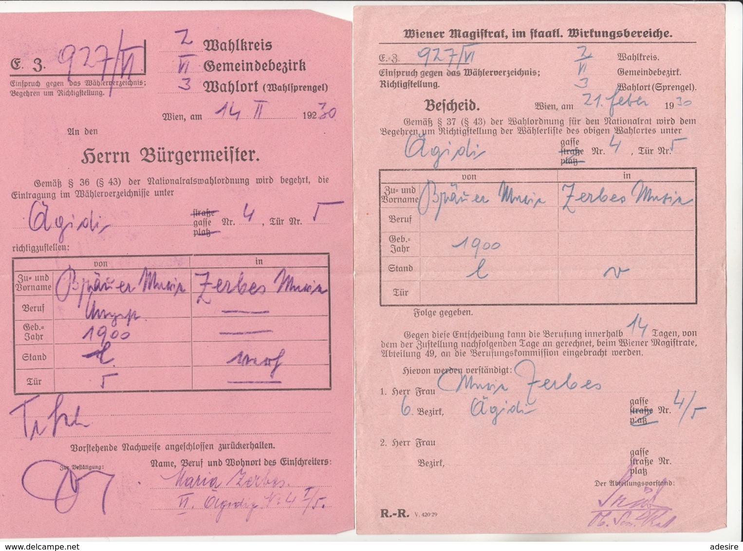 2 Wahlkreis Bescheide Wien 1930 - Historische Dokumente