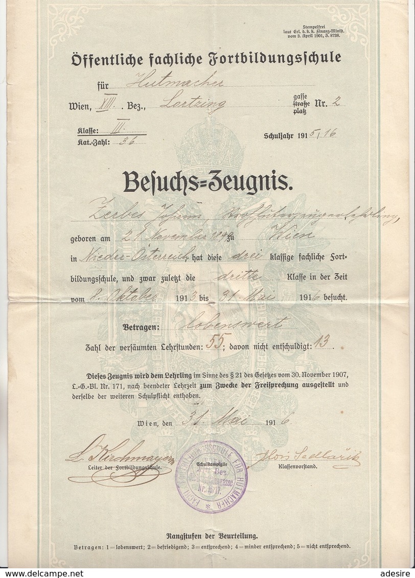 Dokument 1916, Zeugnis Der Öffentlich Fachliche Fortbildungsschule, Dokument Gefaltet - Historische Dokumente
