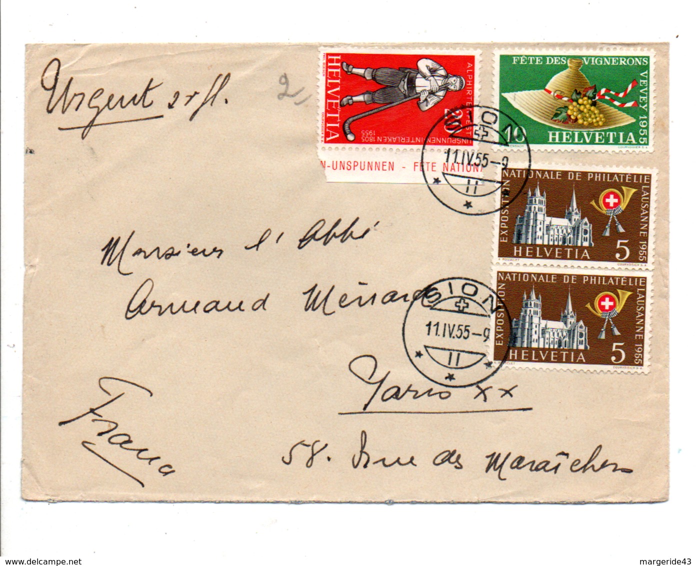 SUISSE AFFRANCHISSEMENT COMPOSE SUR LETTRE DE SION POUR LA FRANCE 1955 - Lettres & Documents