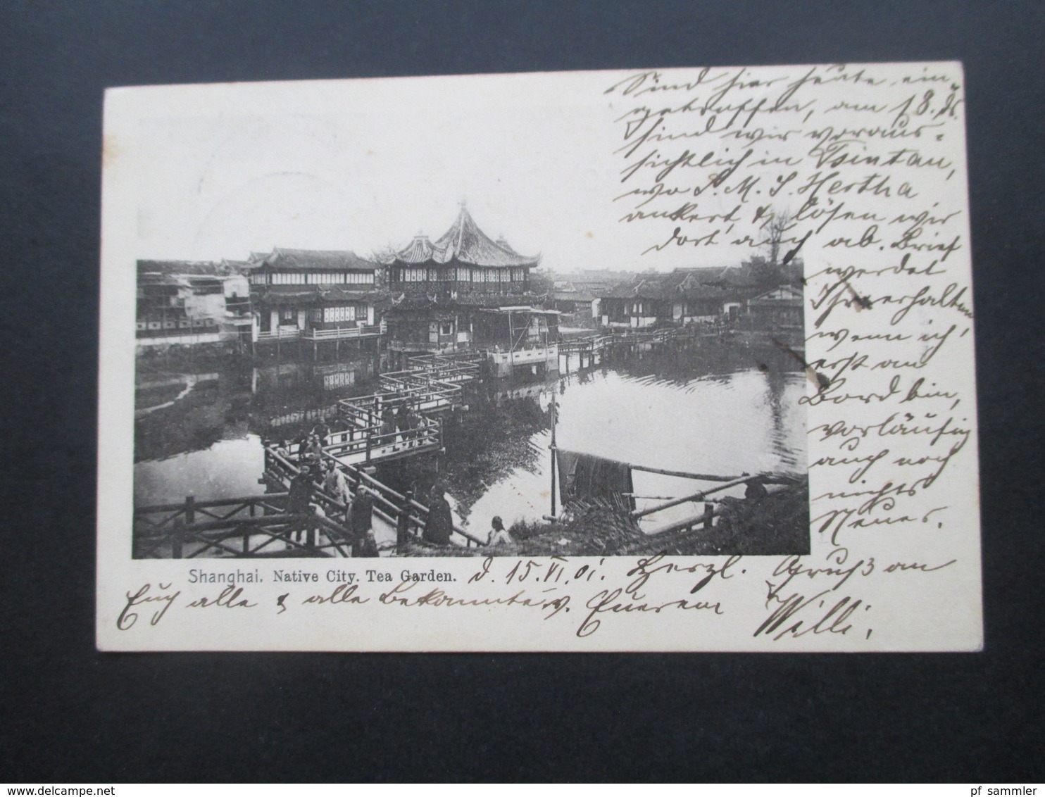 China Boxeraufstand 1901 Feldpost AK Shanghai Native City. Tea Garden Stempel Kais. Deutsche Marine Schiffspost No 26 - Deutsche Post In China