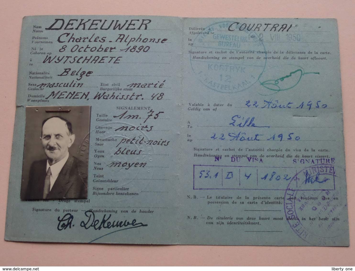 GRENSARBEIDERSKAART ( DEKEUWER Charles - Wijtschaete 8 Oct 1890 ) Anno 1950 - MENEN N° 020136 D > Lille ! - Non Classificati