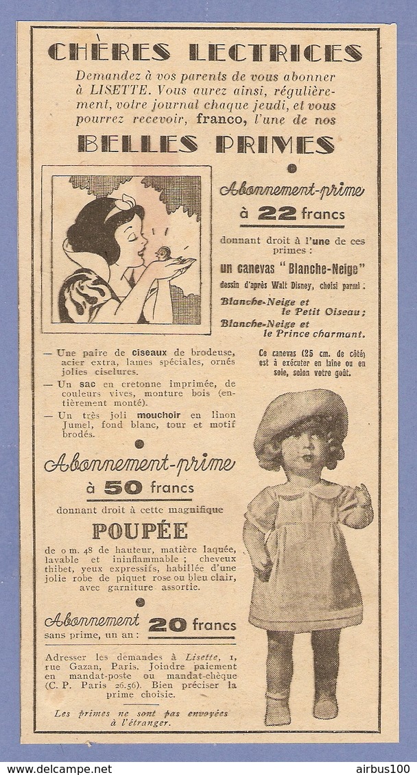 COUPURE De PRESSE 1953 - PUBLICITÉ CANEVAS BLANCHE NEIGE & Les 7 NAINS Le PRINCE CHARMANT - POUPÉE LAQUÉE CHEVEUX TIBET - Poupées