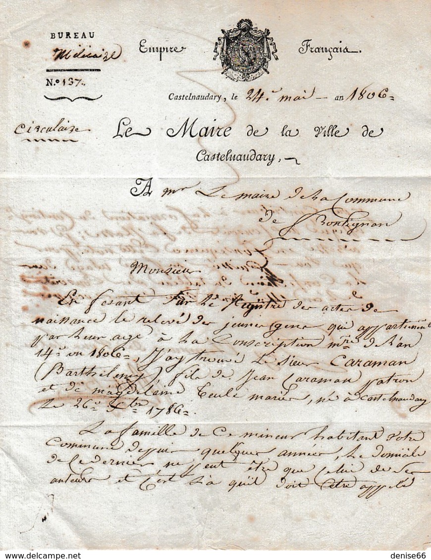 1806 - Ville De CASTELNAUDARY à La Commune De FRONTIGNAN - Recherche CONSCRITS De L'An 14 - Documents Historiques
