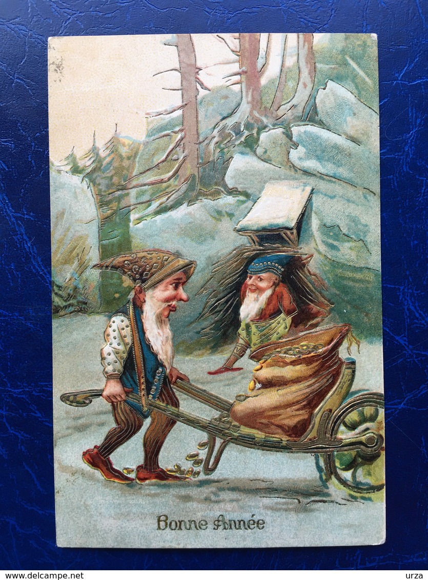 Embossed-Gaufrée--"Gnome-sac Pépites D' Or"-(my Ref 517)Gnome With Golden Nuggets-Kabouter Goudklompjes-1910 - Nouvel An