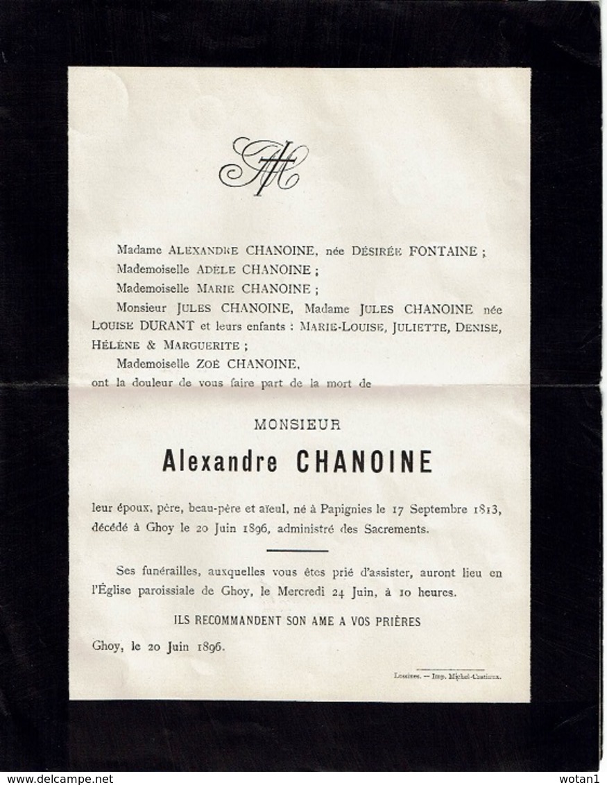 L. Mortuaire Alexandre CHANOINE De GHOY Envoyée De LESSINES (22 Juin 1896) à BRUXELLES + "Retour à L'Envoyeur" + Divers - Autres & Non Classés