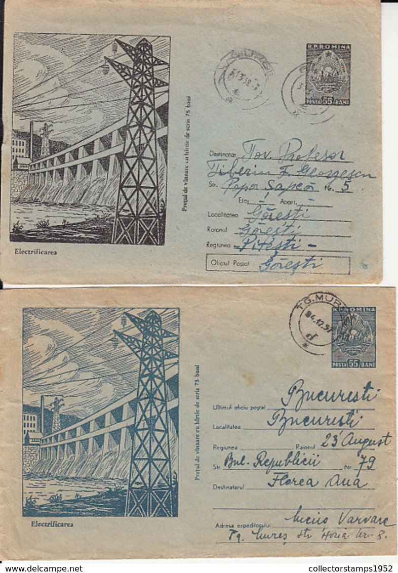 84210- DAM, WATER POWER  PLANT, ENERGY, SCIENCE, COVER STATIONERY, 2X, 1957-1958, ROMANIA - Postal Stationery