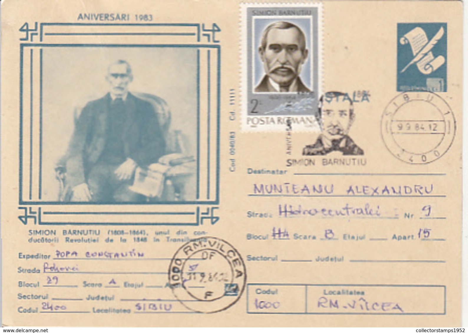 84249- SIMION BARNUTIU, HISTORIAN, POLITICIAN, FAMOUS PEOPLE, POSTCARD STATIONERY, 1984, ROMANIA - Autres & Non Classés