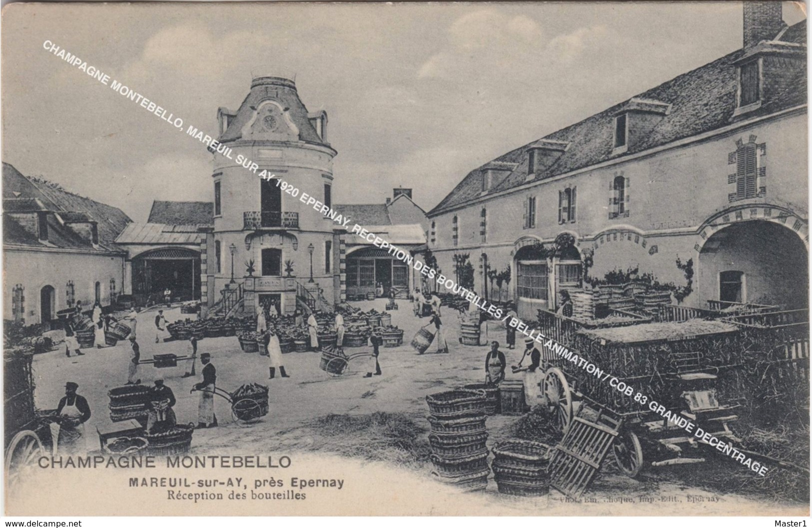 CHAMPAGNE MONTEBELLO, MAREUIL SUR AY 1920 EPERNAY, RECEPTION DES BOUTEILLES / BELLE ANIMATION / COB 83 GRANDE DECENTRAGE - Mareuil-sur-Ay