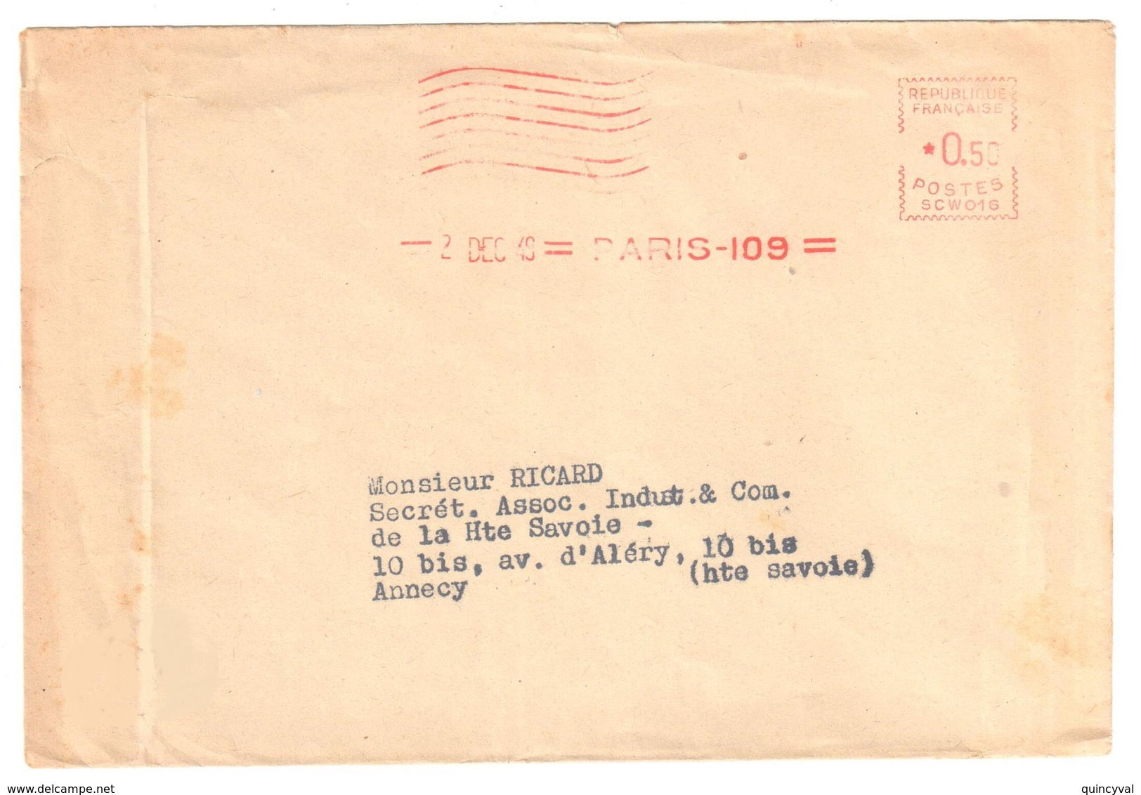 PARIS 109 Enveloppe Journal Sous Enveloppe 50c Ob 2 12 1949  EMA SCW016 - EMA (Empreintes Machines à Affranchir)