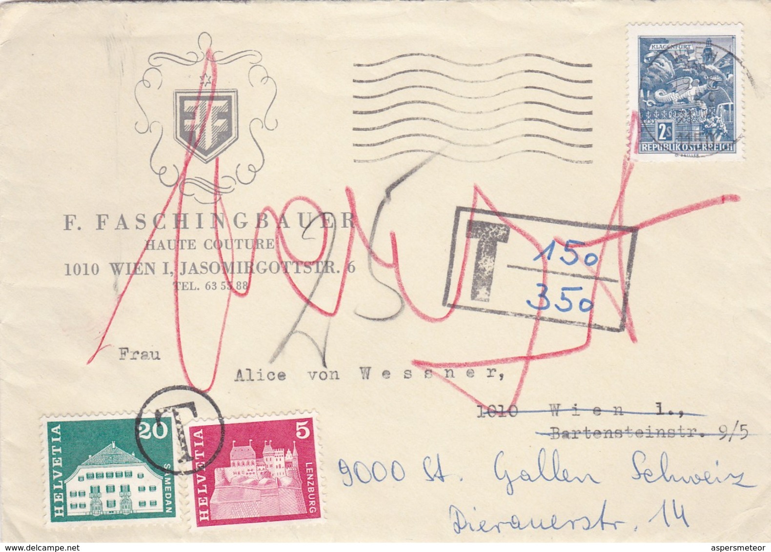 "F. FASCHINGBAUER, HAUTE COUTURE". CIRCULATED  ENVELOPE WITH MIXED POSTAGE; ASTRIA - SWITZERLAND, 1969. -LILHU - Covers & Documents