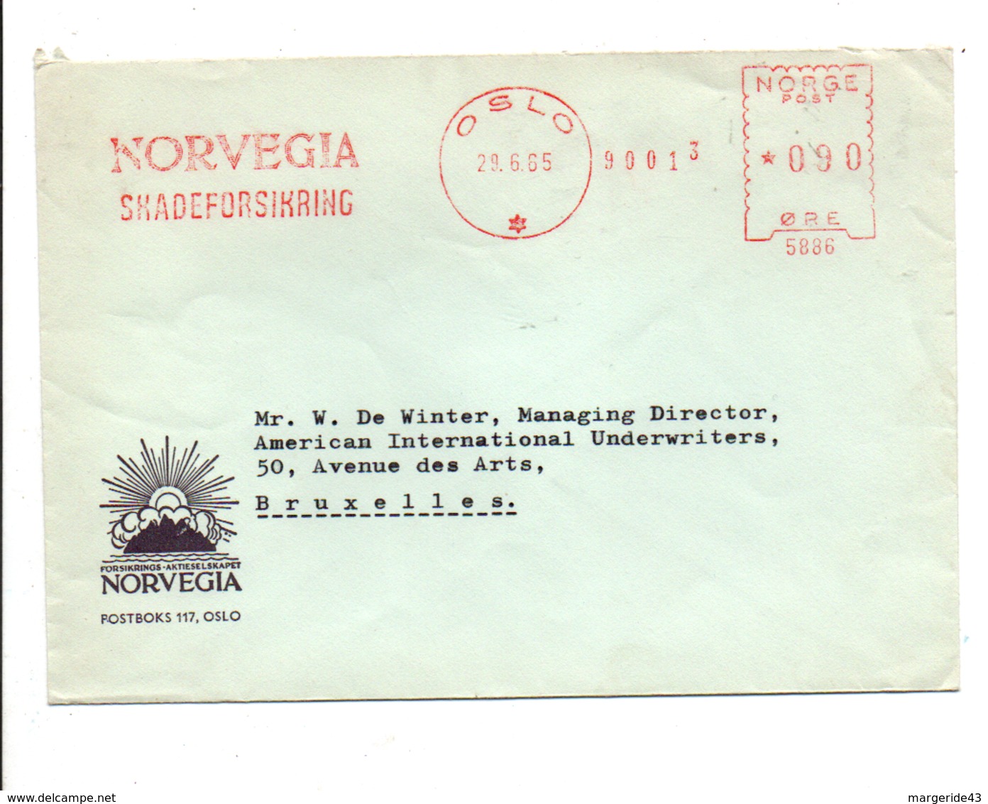 NORVEGE EMA DE OSLO SUR LETTRE POUR LA BELGIQUE 1965 - Brieven En Documenten