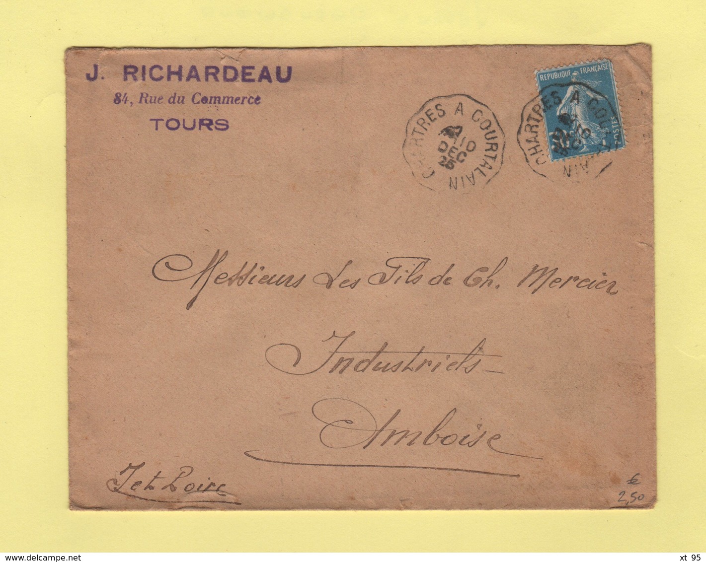 Convoyeur - Chartres A Courtalain - 10 Dec 1925 - Correo Ferroviario