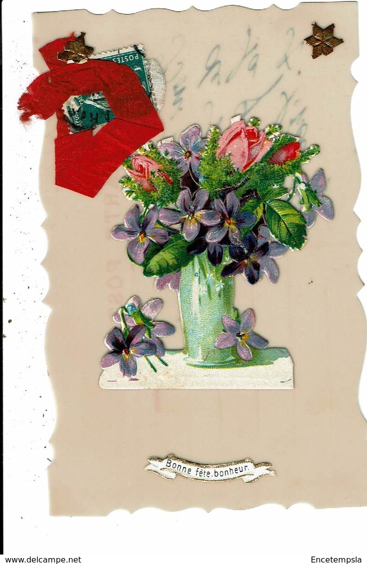 CPA-Carte Postale Plastifiée  Avec Un Ruban- France-Bonne Fête Bonheur Un Vase Fleuri   VM11248 - Nouvel An