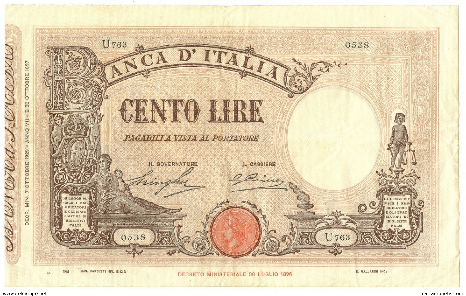 100 LIRE BARBETTI GRANDE B MATRICE LATERALE TESTINA FASCIO 07/10/1929 BB/SPL - Otros