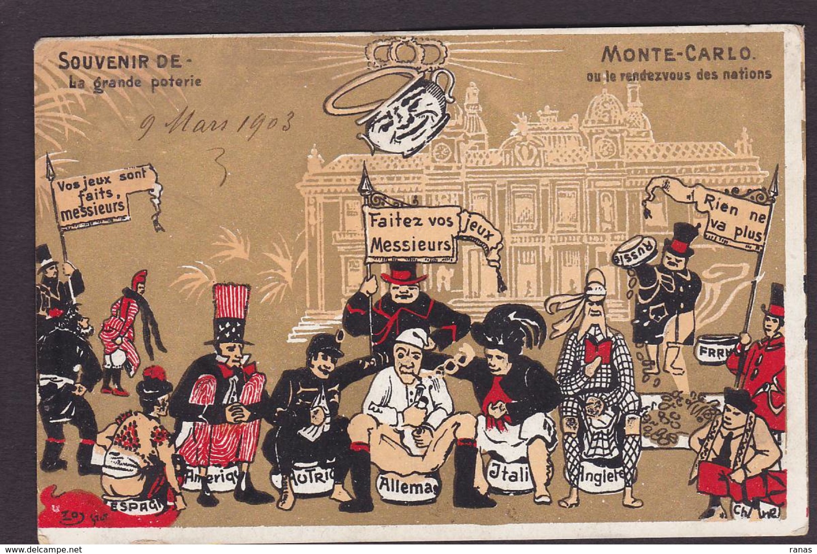 CPA Monaco Monte Carlo Satirique Caricature Albert Casino Jeu Non Circulé Pot De Chambre Chine Russie Autriche - Casinò