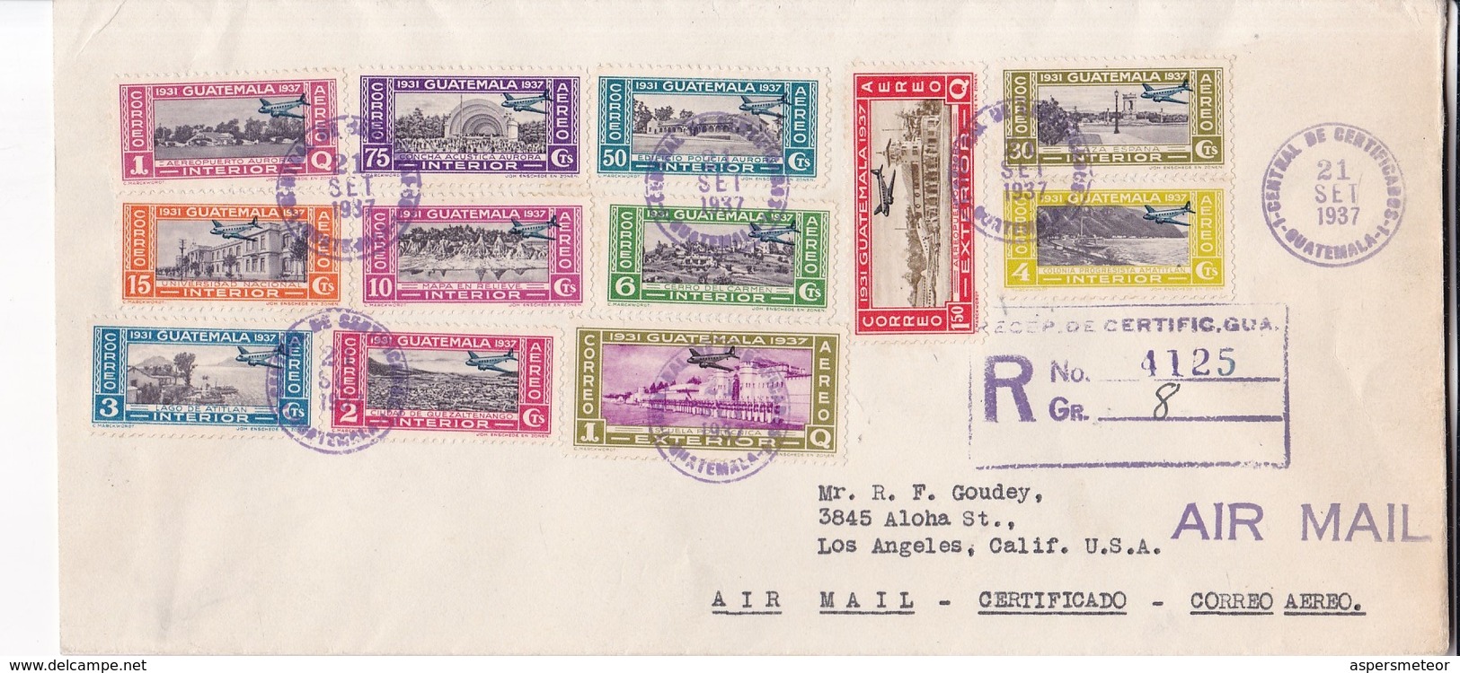 GUATEMALA AIRMAIL CIRCULATED 1937. TO LOS ANGELES, U.S.A.. SET STAMPS WITH OVERLOAD, OVERPRINTED. RARE -LILHU - Guatemala