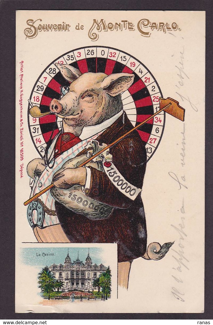 CPA Monaco Monte Carlo Jeu Satirique Caricature Casino Jeu écrite Gaufré Embossed Cochon Pig - Spielbank