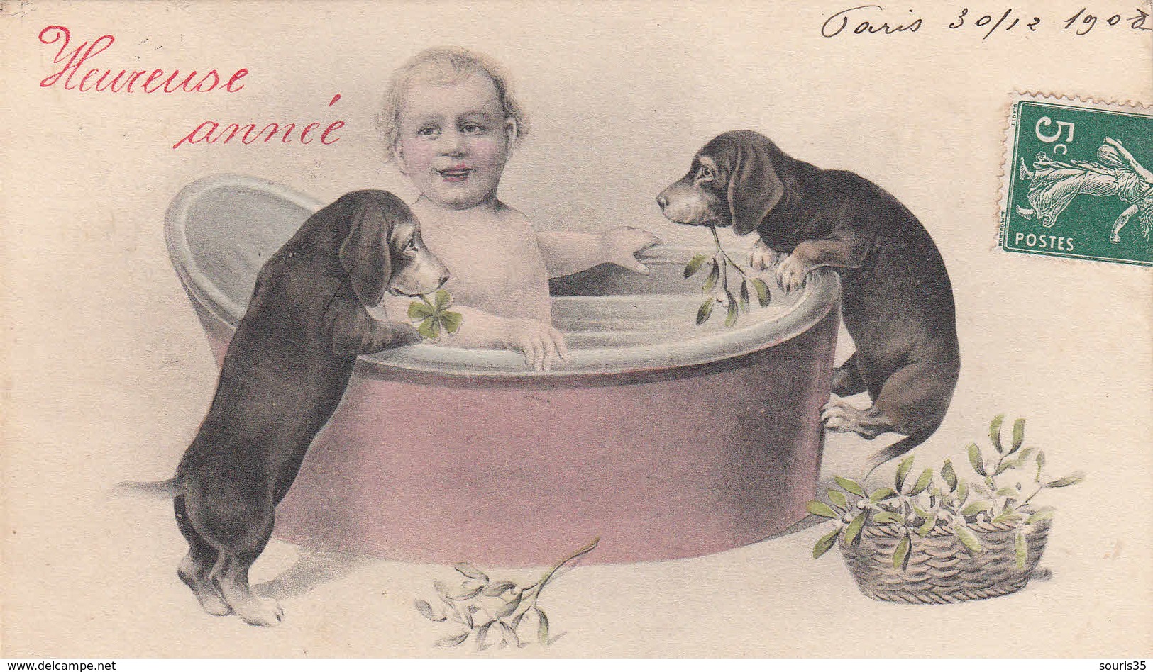 Bébé Dans Sa Baignoire (tub) Avec Chiens CPA Style Viennoise Heureuse Année 1906 - Dogs