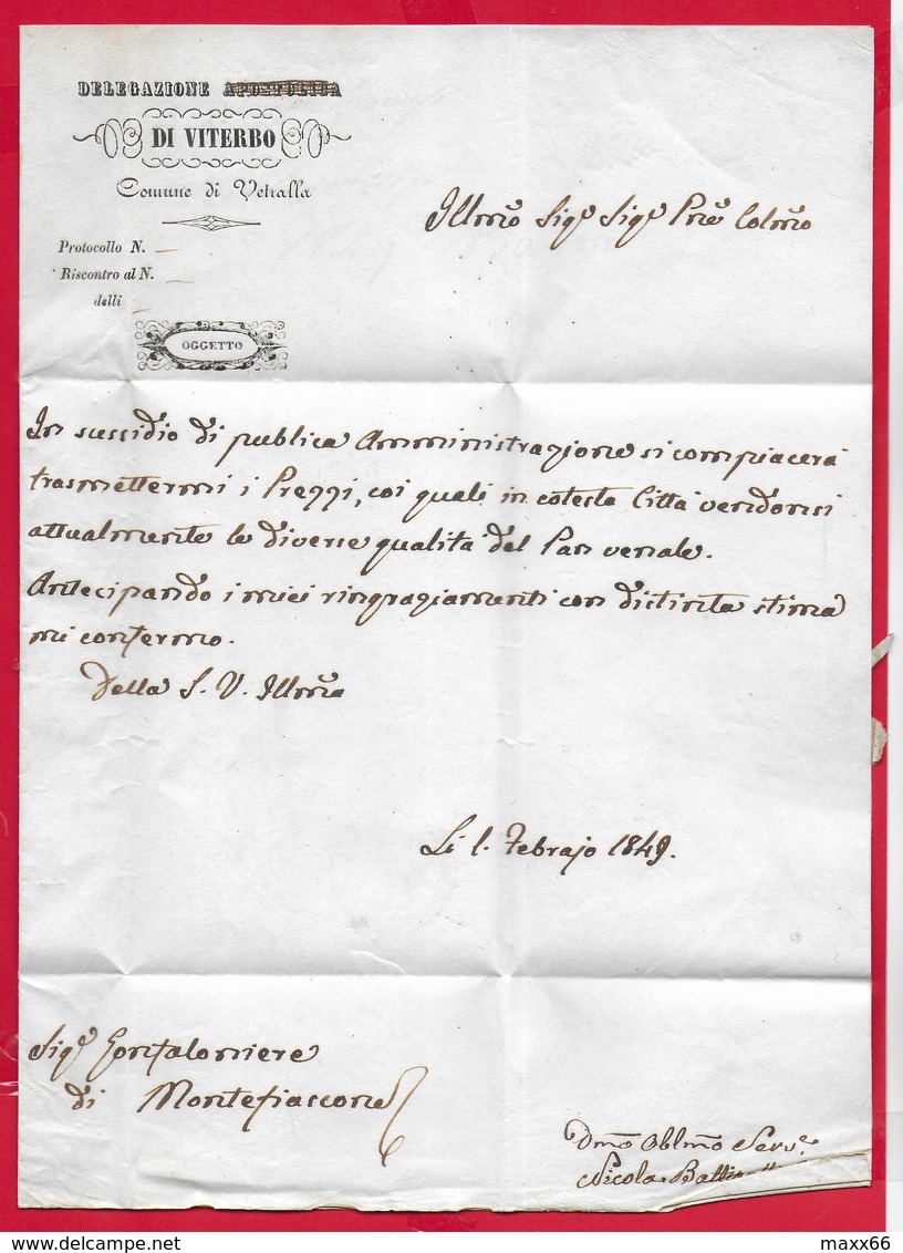 PREFILATELICA PONTIFICIO - 1834 Lettera Con Testo Da VETRALLA A MONTEFIASCONE  - Timbri Postali VITERBO VETRALLA Sigillo - 1. ...-1850 Prefilatelia