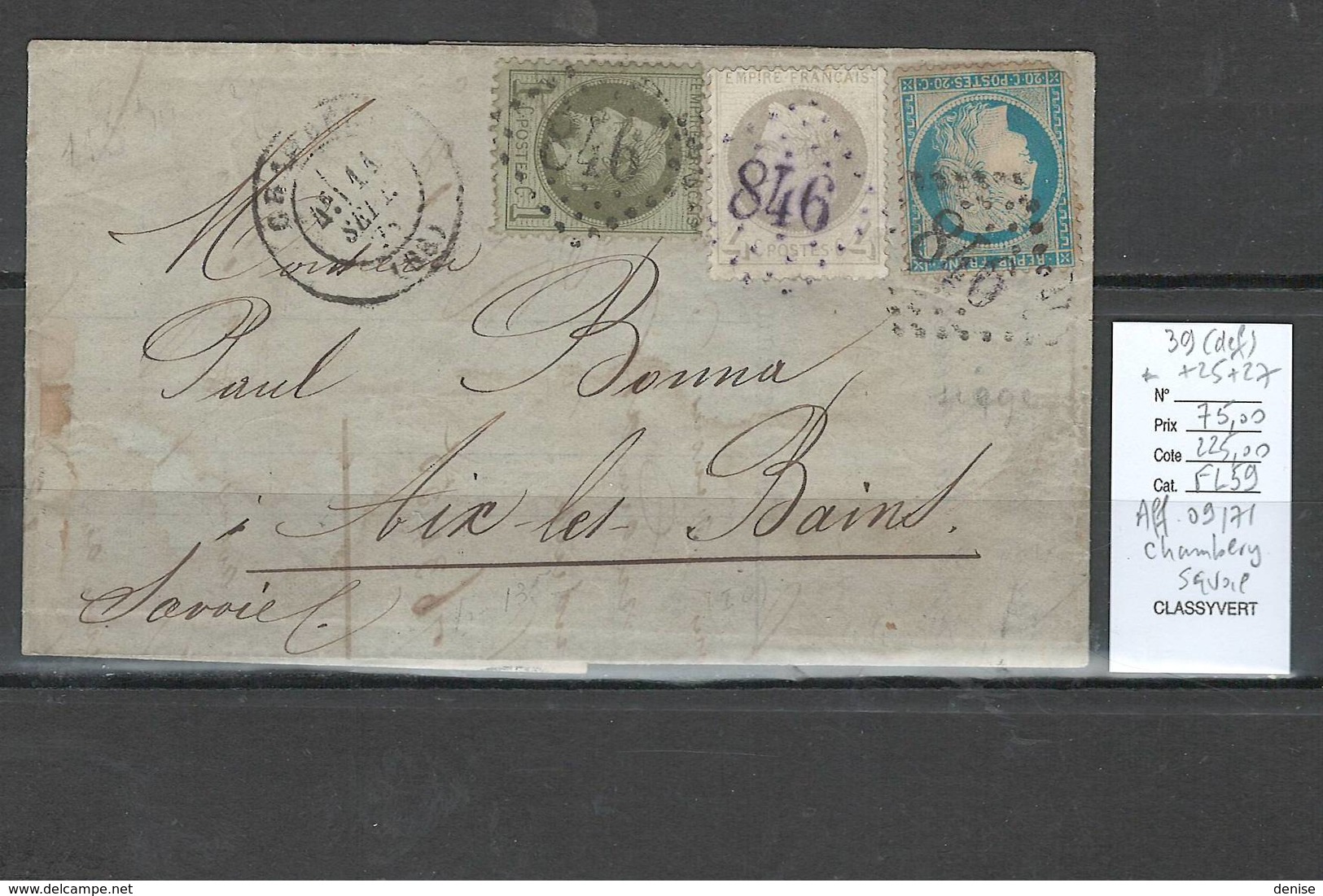 France - Lettre - Affranchissement 09/71 - Yvert 37 + 25 + 27 - Chambéry - Savoie - 1849-1876: Classic Period