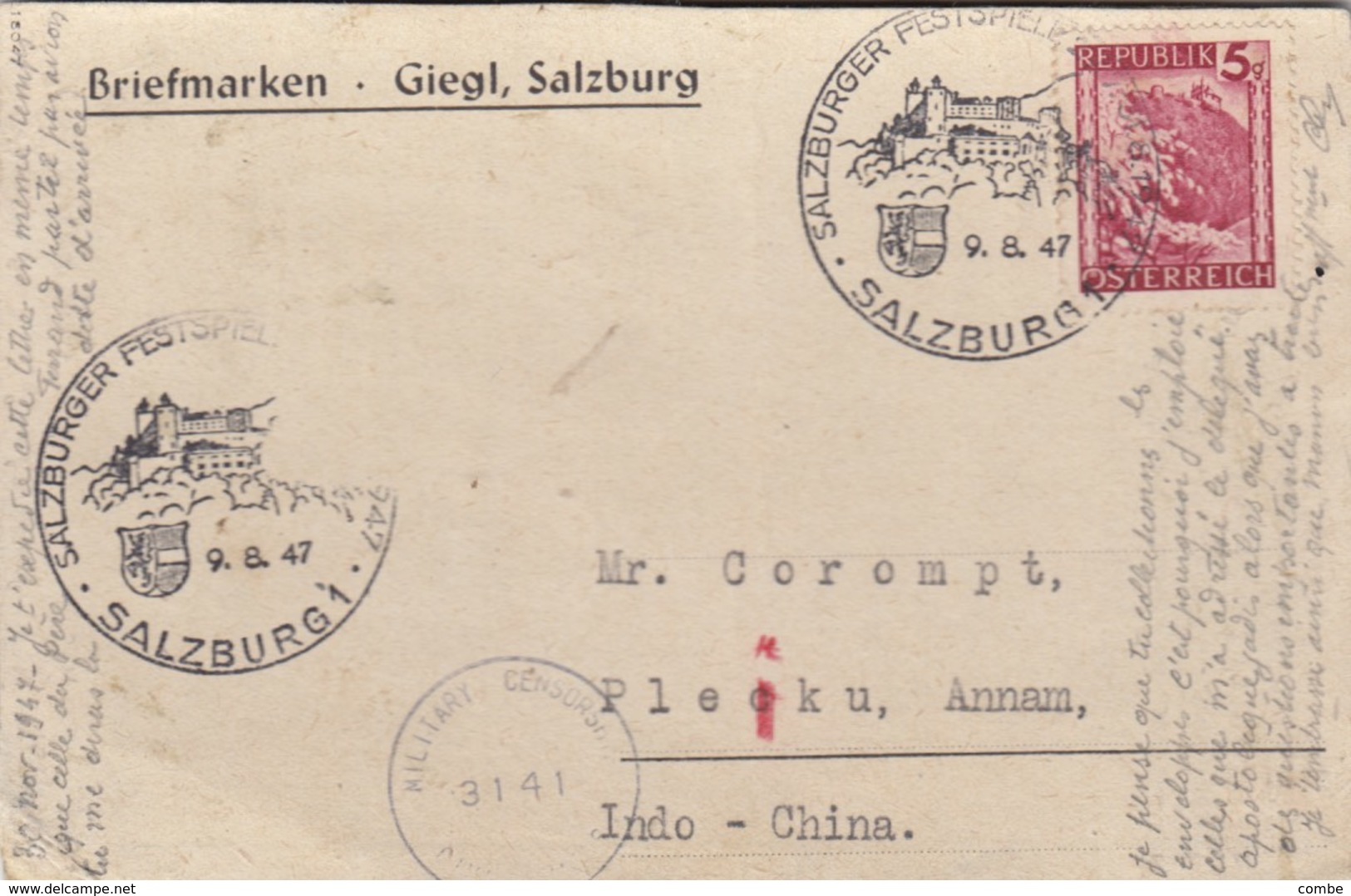 CARTE AUTRICHE. 9 8 47 POUR PLEI-KU ANNAM INDOCHINE. CACHET MILITARY CENSOR - Guerra De Indochina/Vietnam