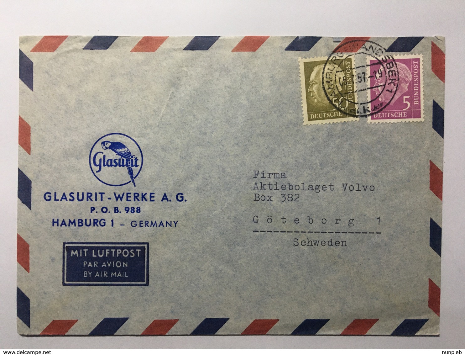 GERMANY 1957 Air Mail Cover Hamburg To Goteborg Sweden - Covers & Documents