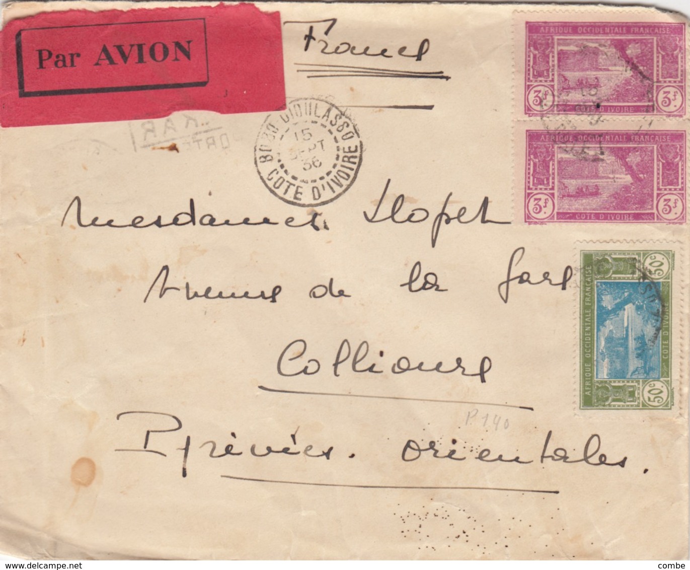 LETTRE COTE D'IVOIRE. PAR AVION. 1936. 6,50Fr. BOBO-DIOULASSO POUR COLLIOURES - Brieven En Documenten
