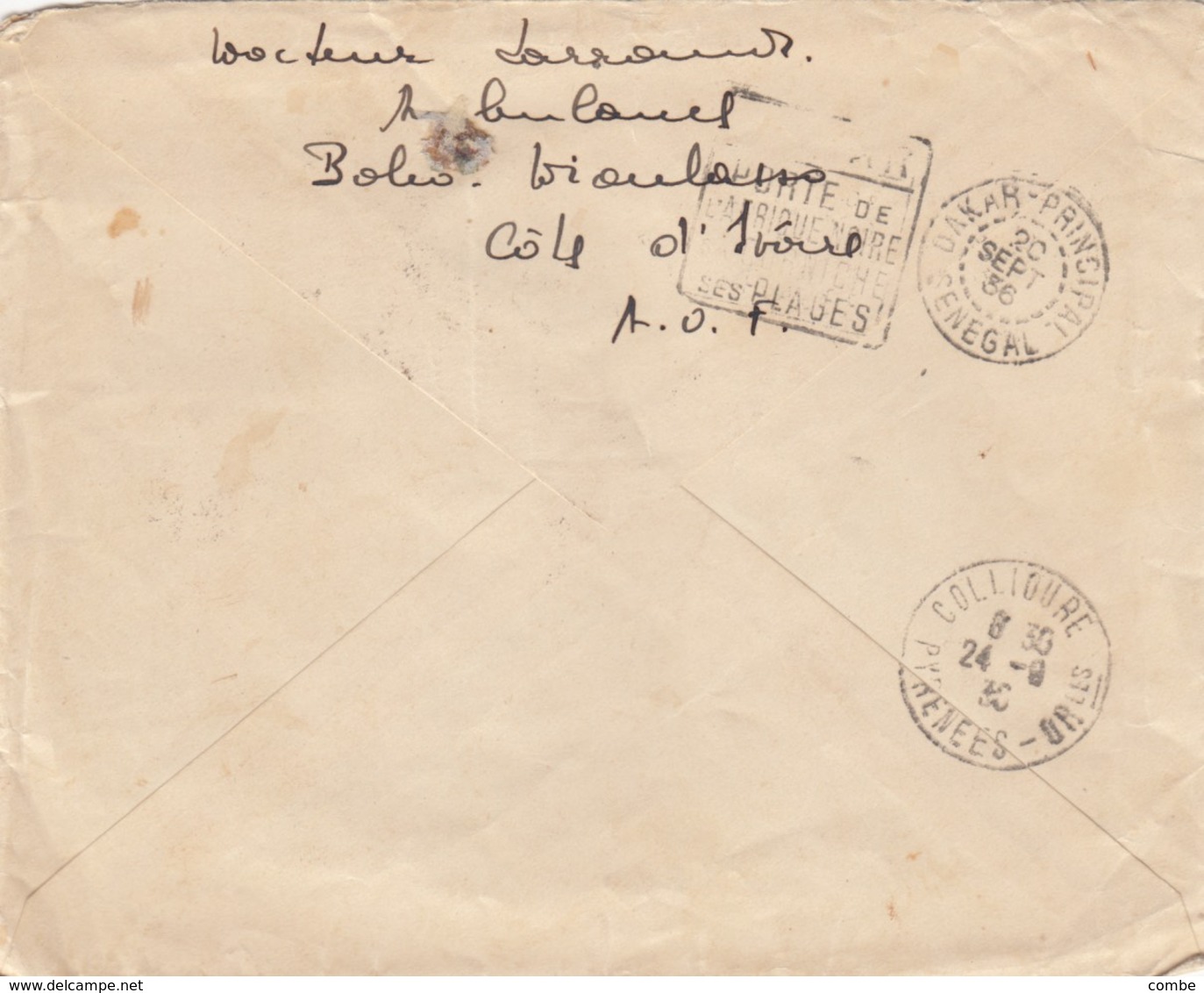 LETTRE COTE D'IVOIRE. PAR AVION. 1936. 6,50Fr. BOBO-DIOULASSO POUR COLLIOURES - Covers & Documents