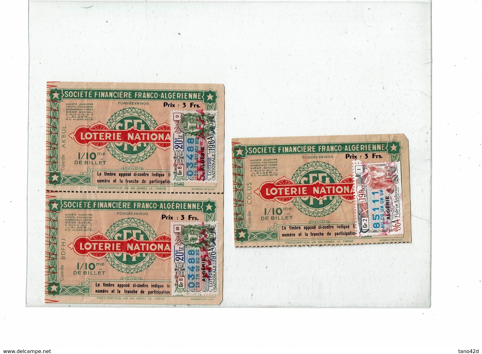 LCTN59/ALS 2 BB - 3 BILLETS DE LOTERIE STE FINANCIERE FRANCO ALGERIENNE - Lottery Tickets