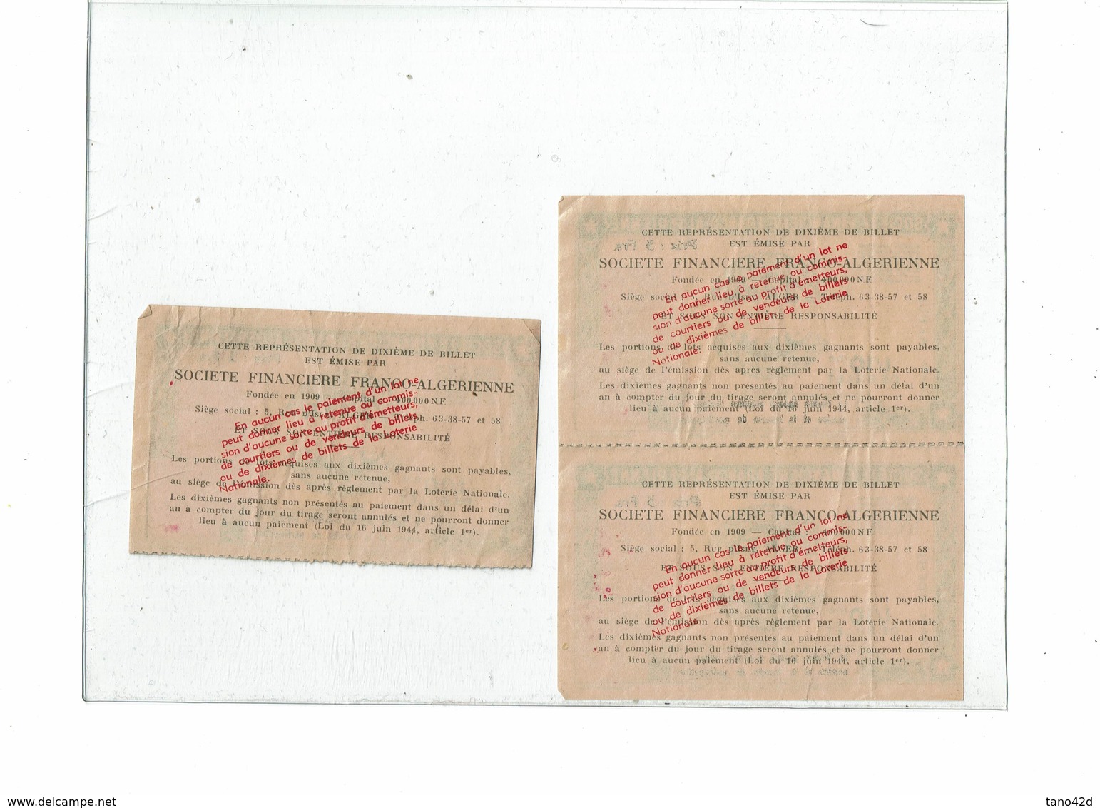 LCTN59/ALS 2 BB - 3 BILLETS DE LOTERIE STE FINANCIERE FRANCO ALGERIENNE - Lottery Tickets