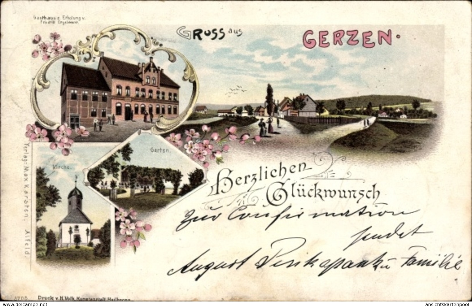 Lithographie Gerzen Alfeld An Der Leine, Gasthaus Zur Erholung, Inh. Engeldrecht, Kirche, Garten - Autres & Non Classés