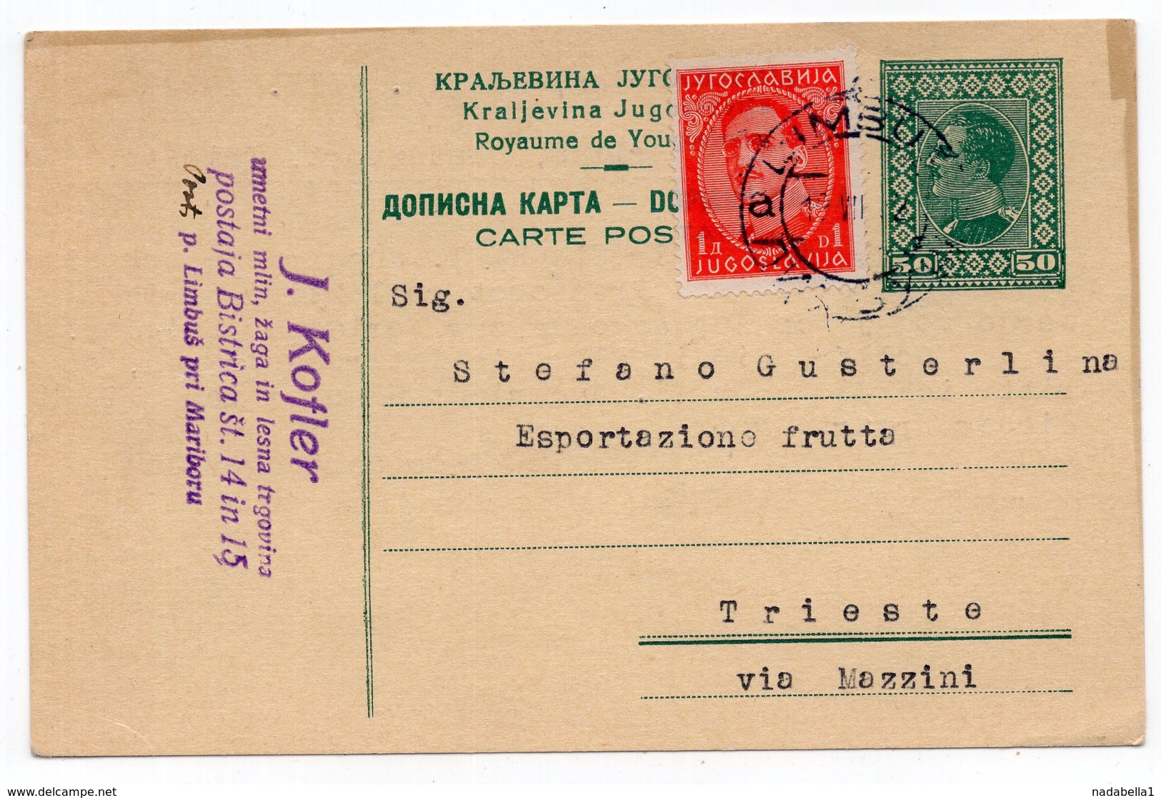 1938 YUGOSLAVIA, SLOVENIA, LIMBUŠ PRI MARIBORU TO TRIESTE, STATIONERY CARD, USED - Postal Stationery