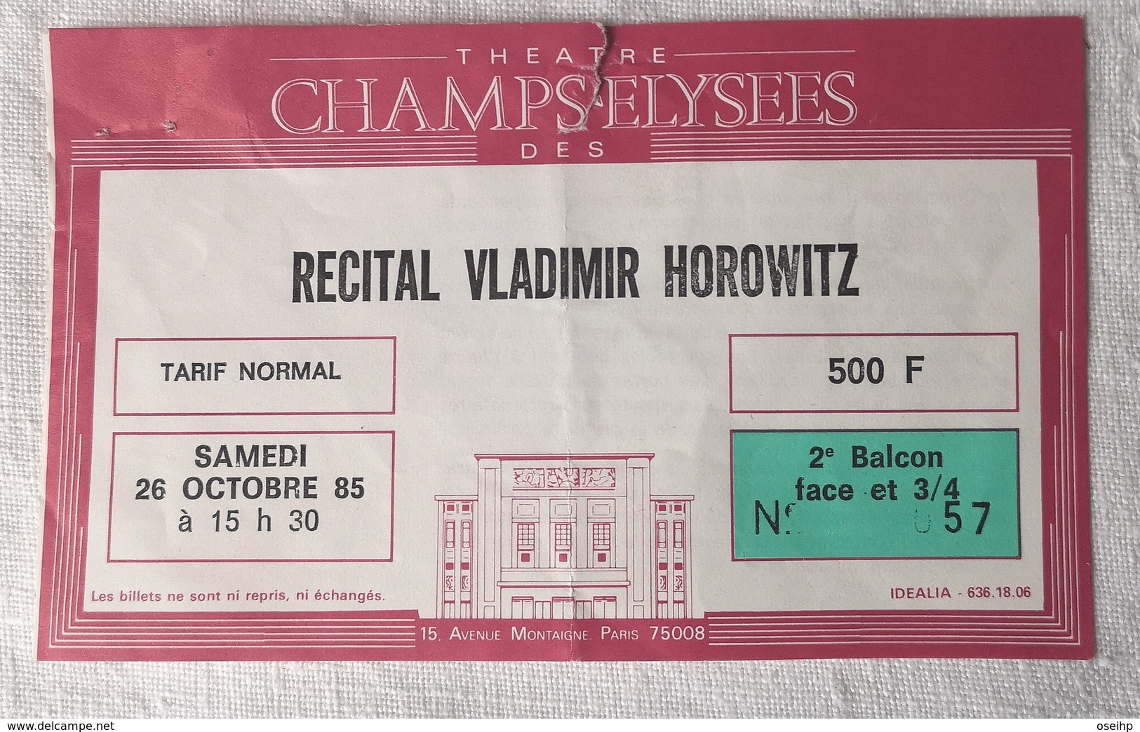 Ancien Ticket D' Entée Recital VLADIMIR HOROWITZ 1985 Théatre Des Champs Elysées Billet Place Concert - Biglietti D'ingresso