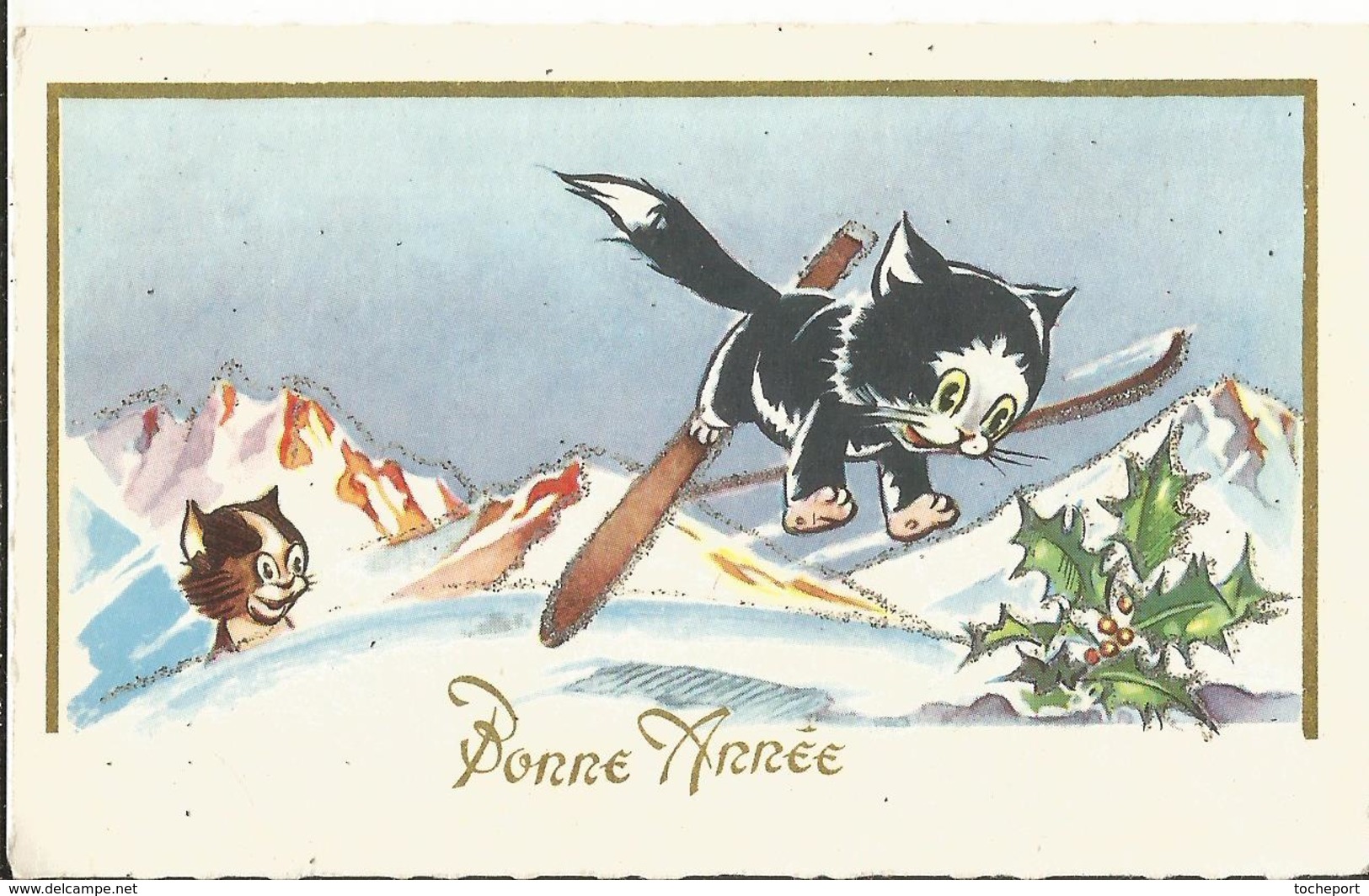 MIGNONNETTE ILLUSTRATEUR JOYEUX NOEL MIGNONNETTE BONNE ANNEE  MONTAGNE NEIGE  CHAT CP PAILLETTE - Autres & Non Classés