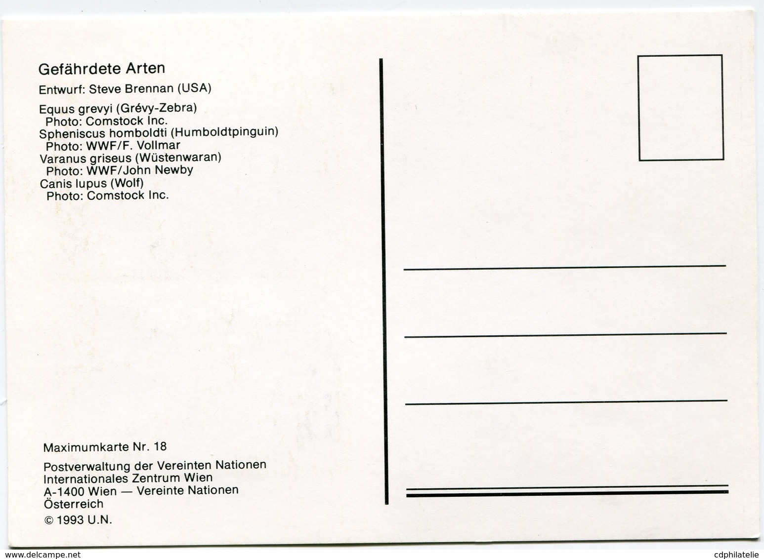 NATIONS UNIES VIENNE CARTE MAXIMUM DES N°159/162 ESPECES ANIMALES MENACEES D'EXTINCTION OBL. ILLUSTREE WIEN 3-3-1993 - Cartes-maximum