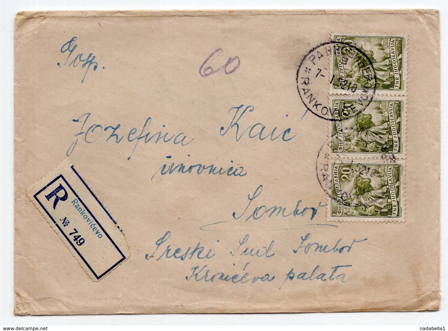 1952 YUGOSLAVIA, SERBIA, KRALJEVO, RANKOVICEVO TO SOMBOR, REGISTERED COVER - Postal Stationery