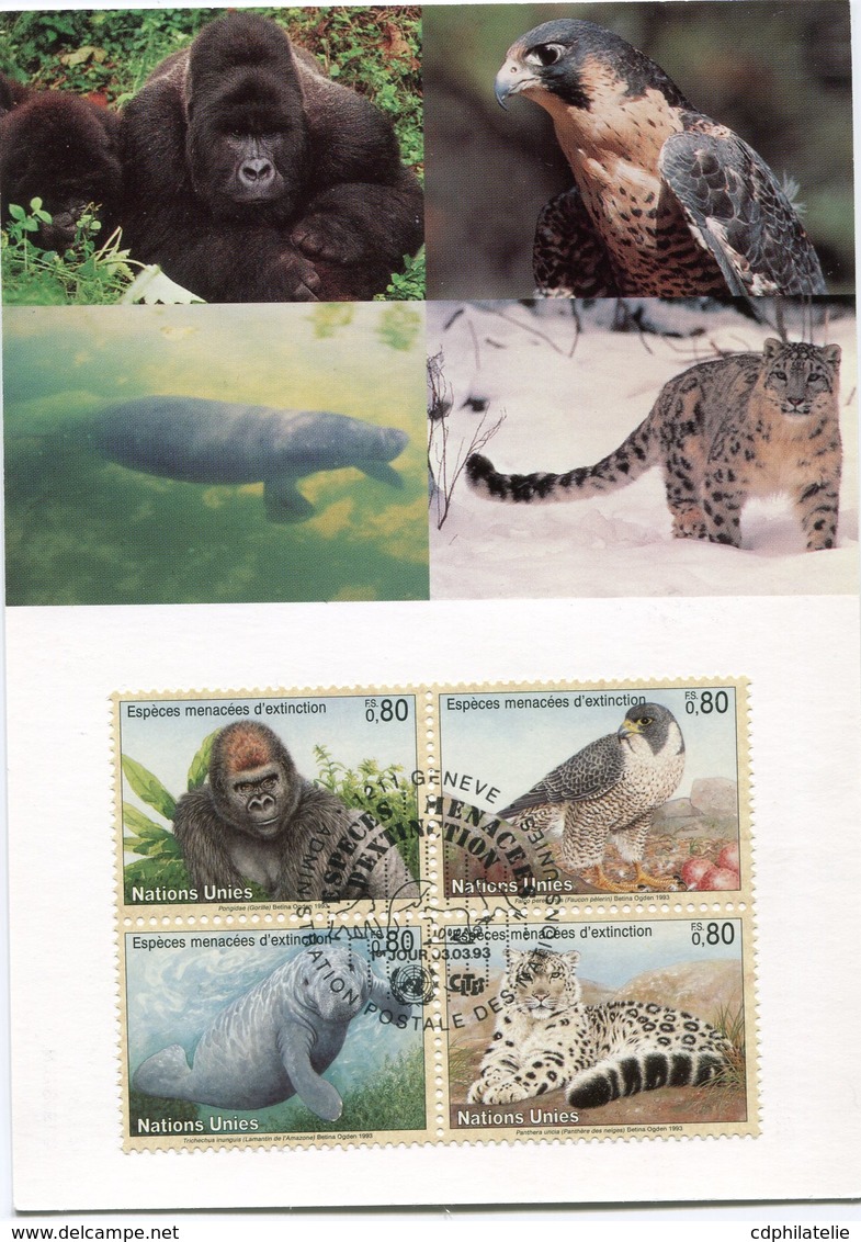 NATIONS UNIES SUISSE CARTE MAXIMUM DES N°243/246 ESPECES ANIMALES MENACEES D'EXTINCTION OBL. ILLUSTREE GENEVE 03-03-93 - Tarjetas – Máxima