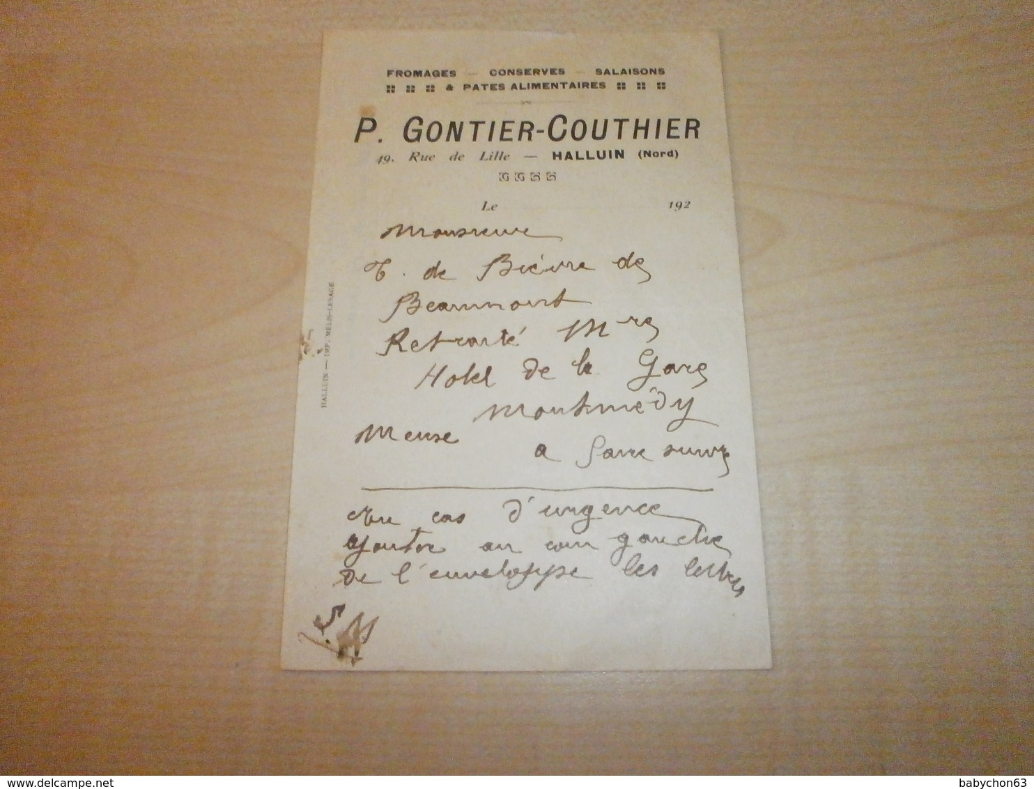 Ancienne Document P.GONTIER-COUTHIER   HALLUIN Fromages Conserves Et Salaisons - Lebensmittel