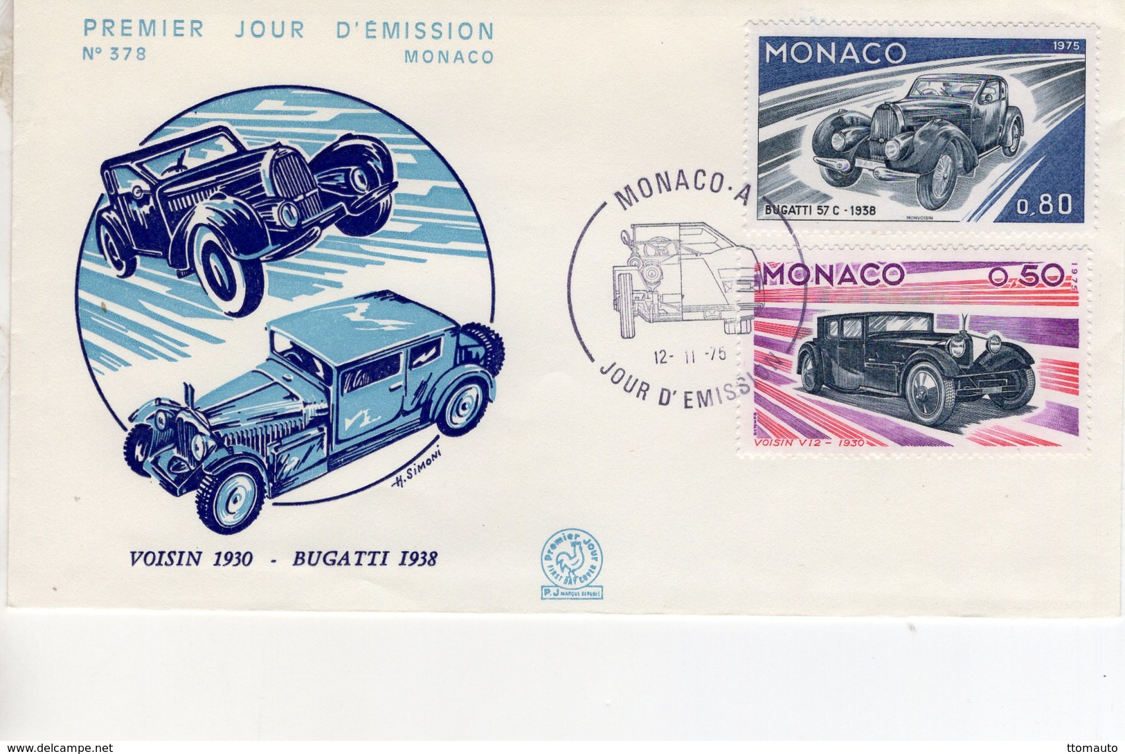 Monaco Envelope Premier Jour D'Emission - Bugatti 57C - Voisin V12  -  Envelope 1er Jour 2v - Autos